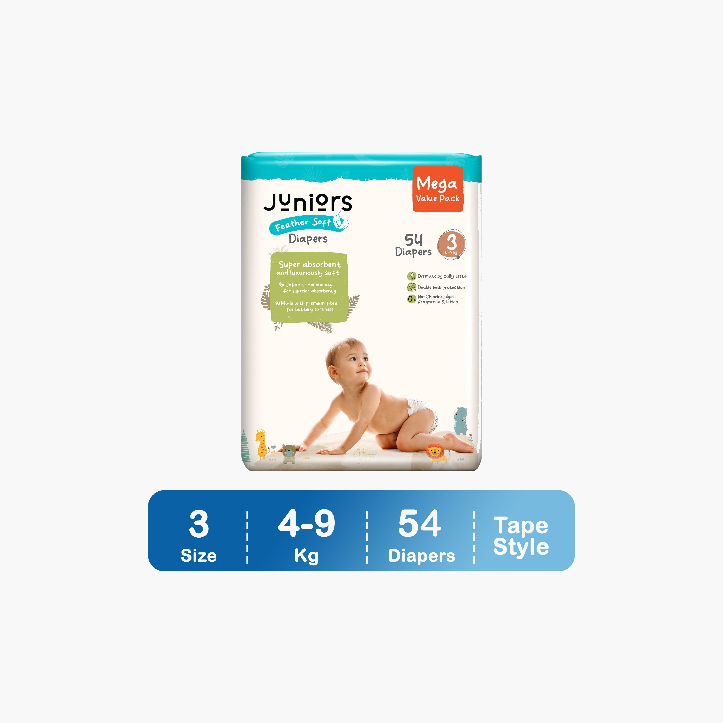 Juniors 54-Piece Tape Style Diapers 3-6 Months Size 3 (4-9 kg) Feather Soft Value Pack-baby-diapering-diapers-image-1