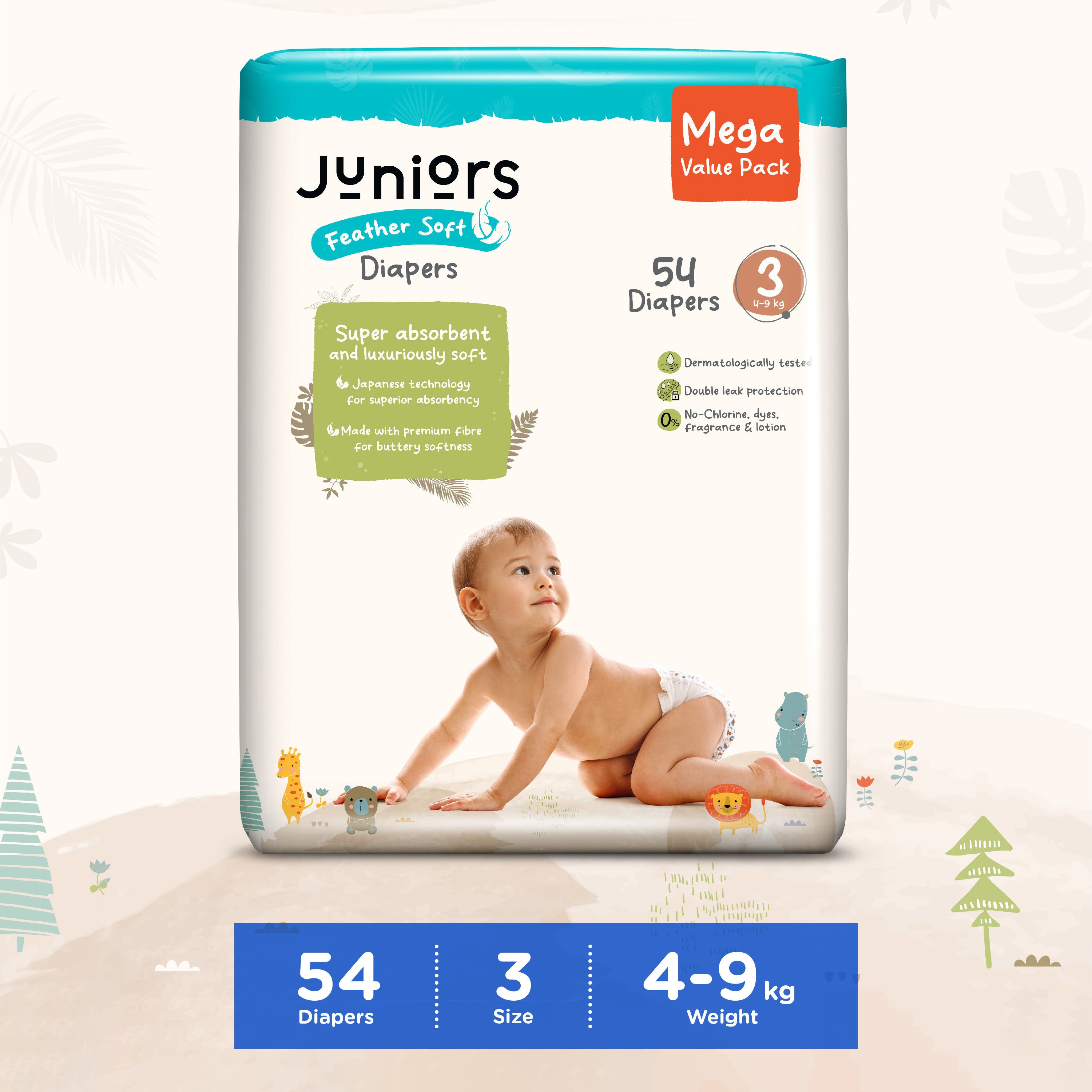 Juniors 54-Piece Tape Style Diapers 3-6 Months Size 3 (4-9 kg) Feather Soft Value Pack-baby-diapering-diapers-image-1