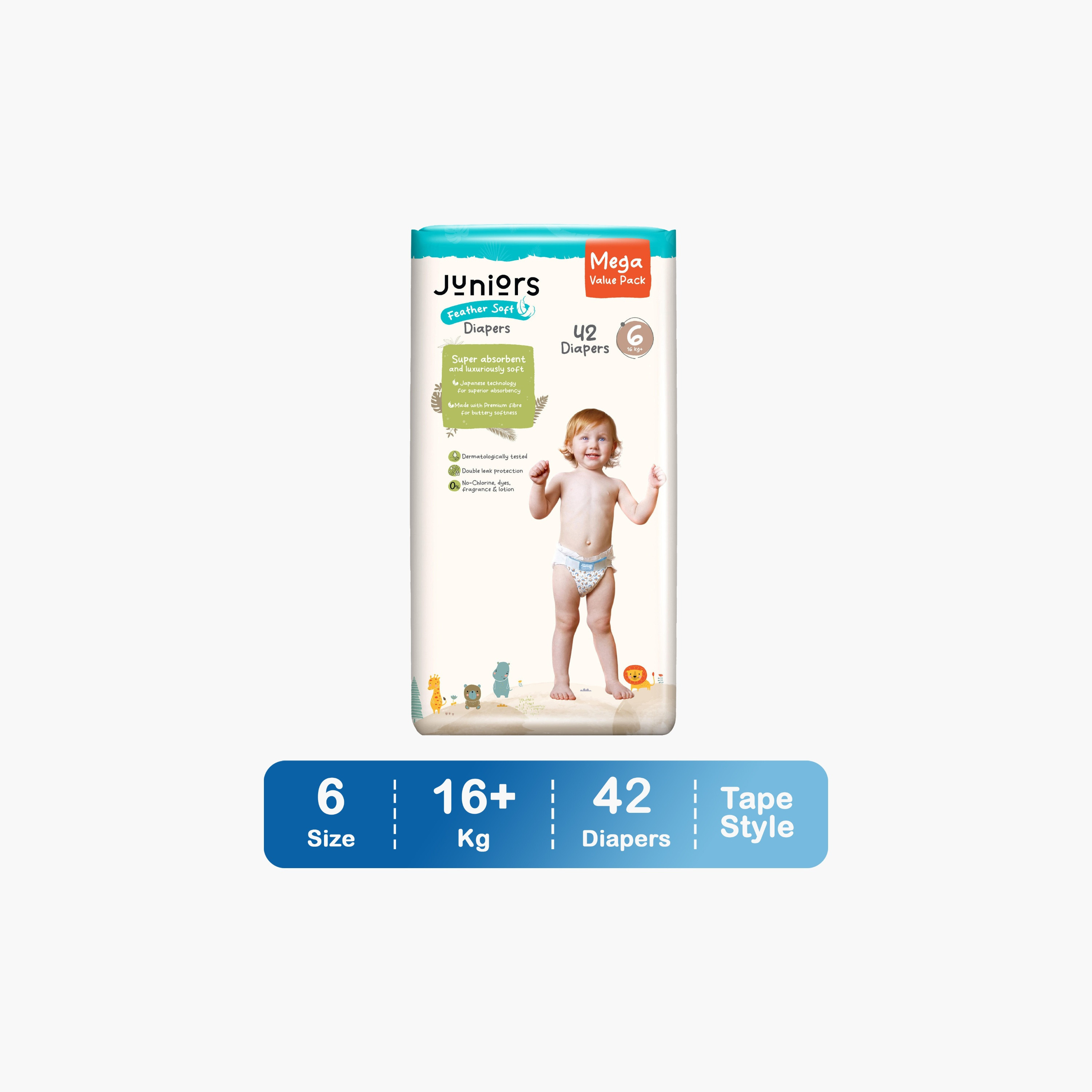 عبوة قيّمة حفّاضات بشريط لاصق 42 قطعة نعومة الريش مقاس 6 (16+ كجم) من جونيورز-baby-diapering-diapers-image-1