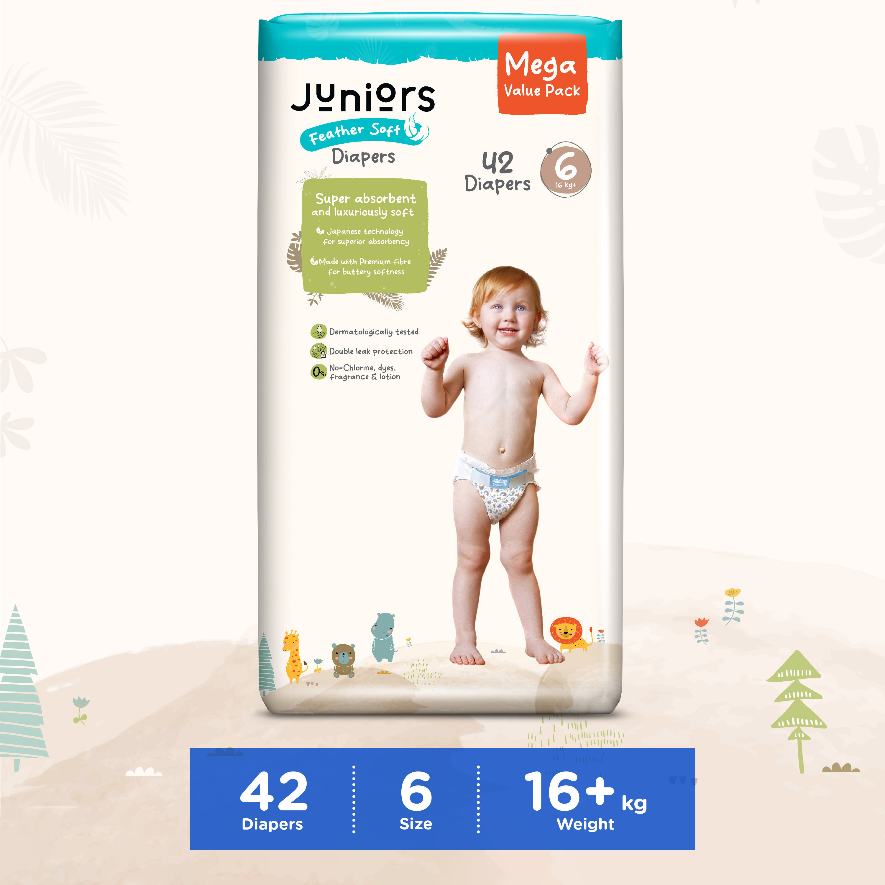 عبوة قيّمة حفّاضات بشريط لاصق 42 قطعة نعومة الريش مقاس 6 (16+ كجم) من جونيورز-baby-diapering-diapers-image-1