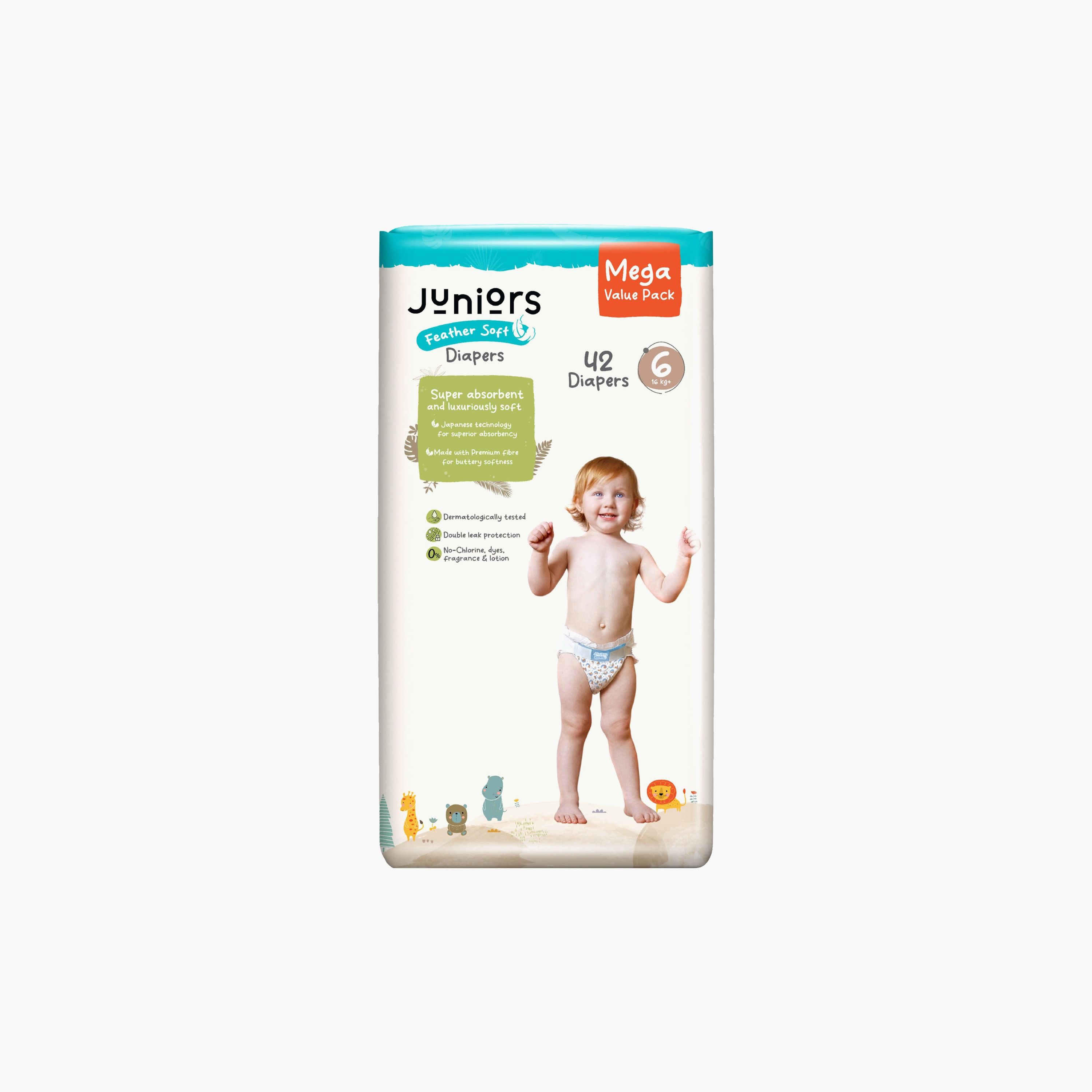 عبوة قيّمة حفّاضات بشريط لاصق 42 قطعة نعومة الريش مقاس 6 (16+ كجم) من جونيورز-baby-diapering-diapers-image-2