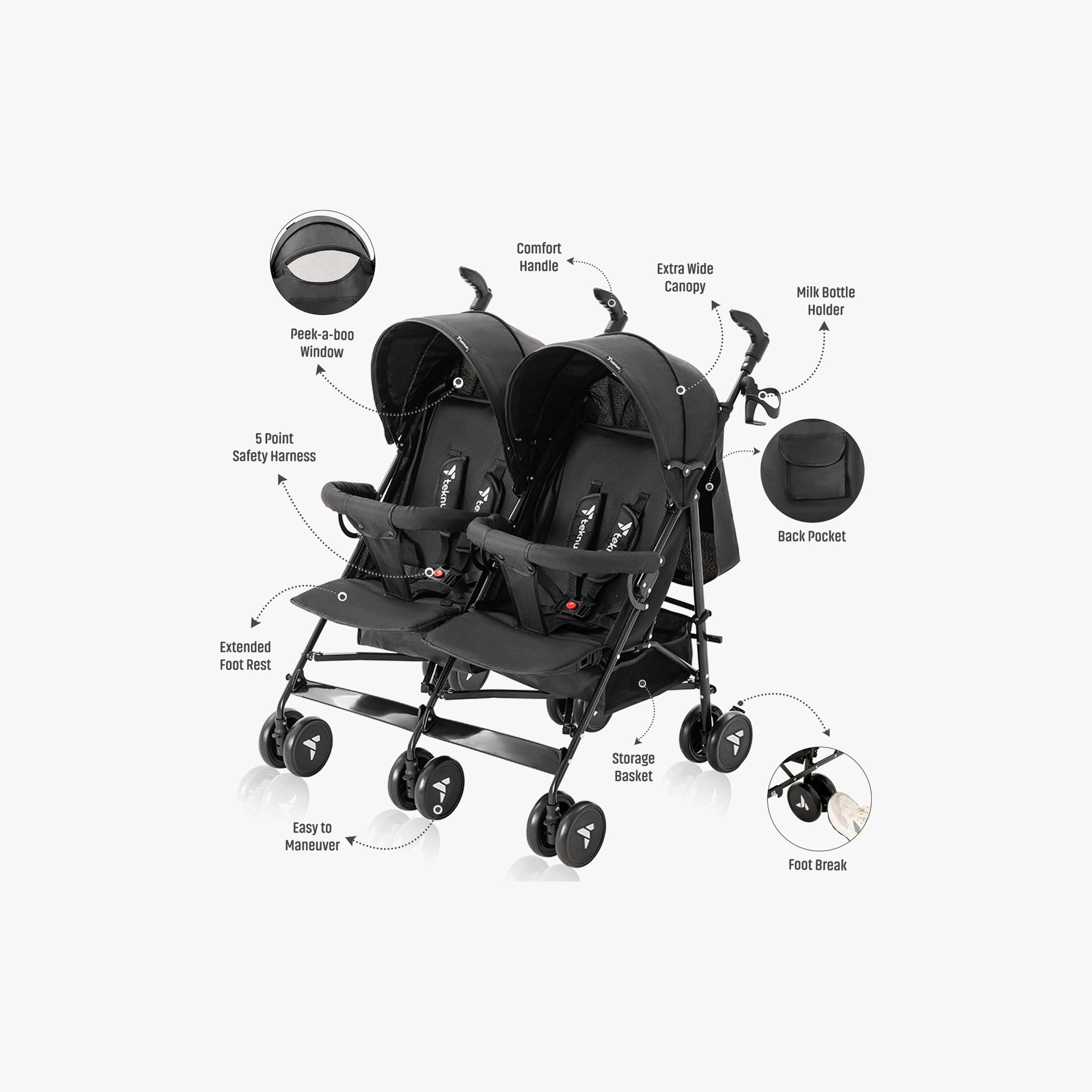 Teknum Twin Stroller Fellow, Black-baby-gear-strollersandprams-strollers-image-2