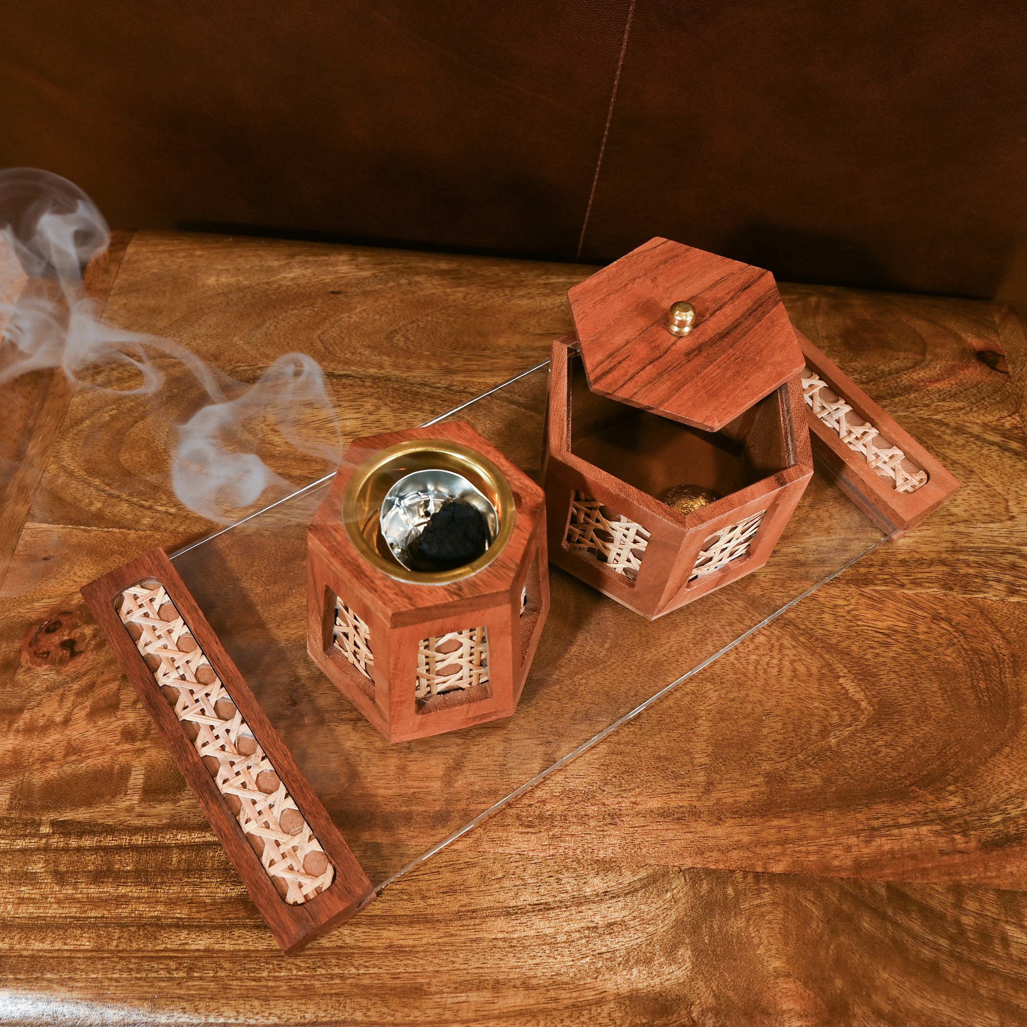 Home Carving Rattan Detail Wooden Bakhoor Burner Set with Tray-household-homefragrance-burners-image-4