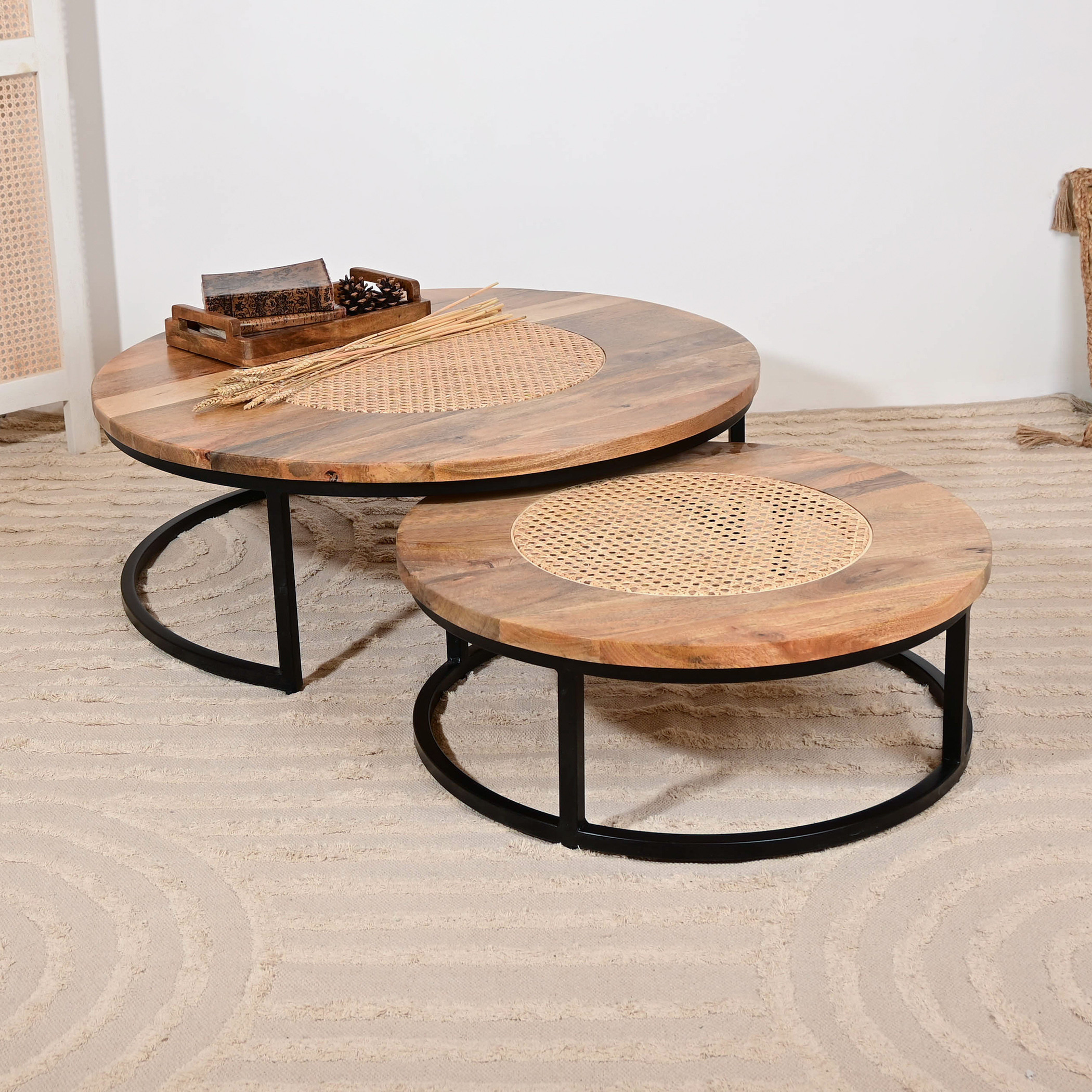 Home Carving Mango Wood Top Nesting Table with Trestle Base - Set of 2-furniture-livingroom-nestoftables-image-1