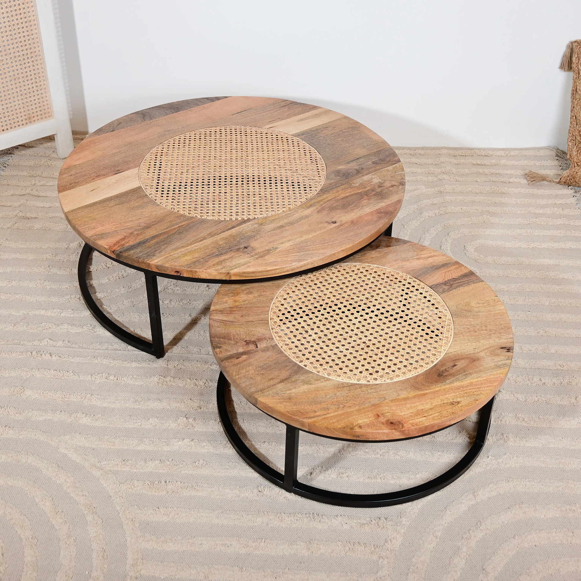 Home Carving Mango Wood Top Nesting Table with Trestle Base - Set of 2-furniture-livingroom-nestoftables-image-3
