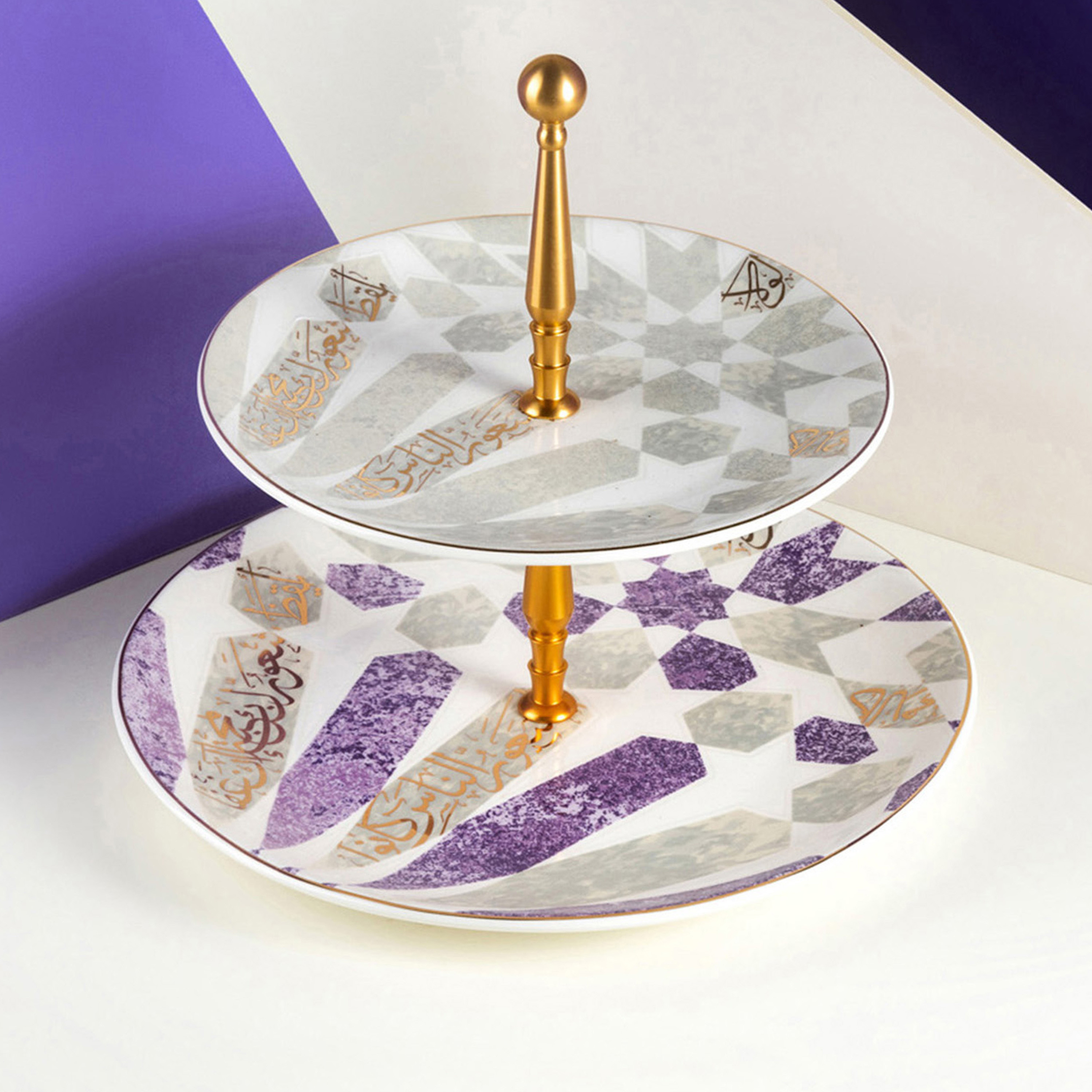 حامل كيك بورسلان طابقين بطبعات أمل من أوتانتيك-household-dining-serveware-cakestands-image-1