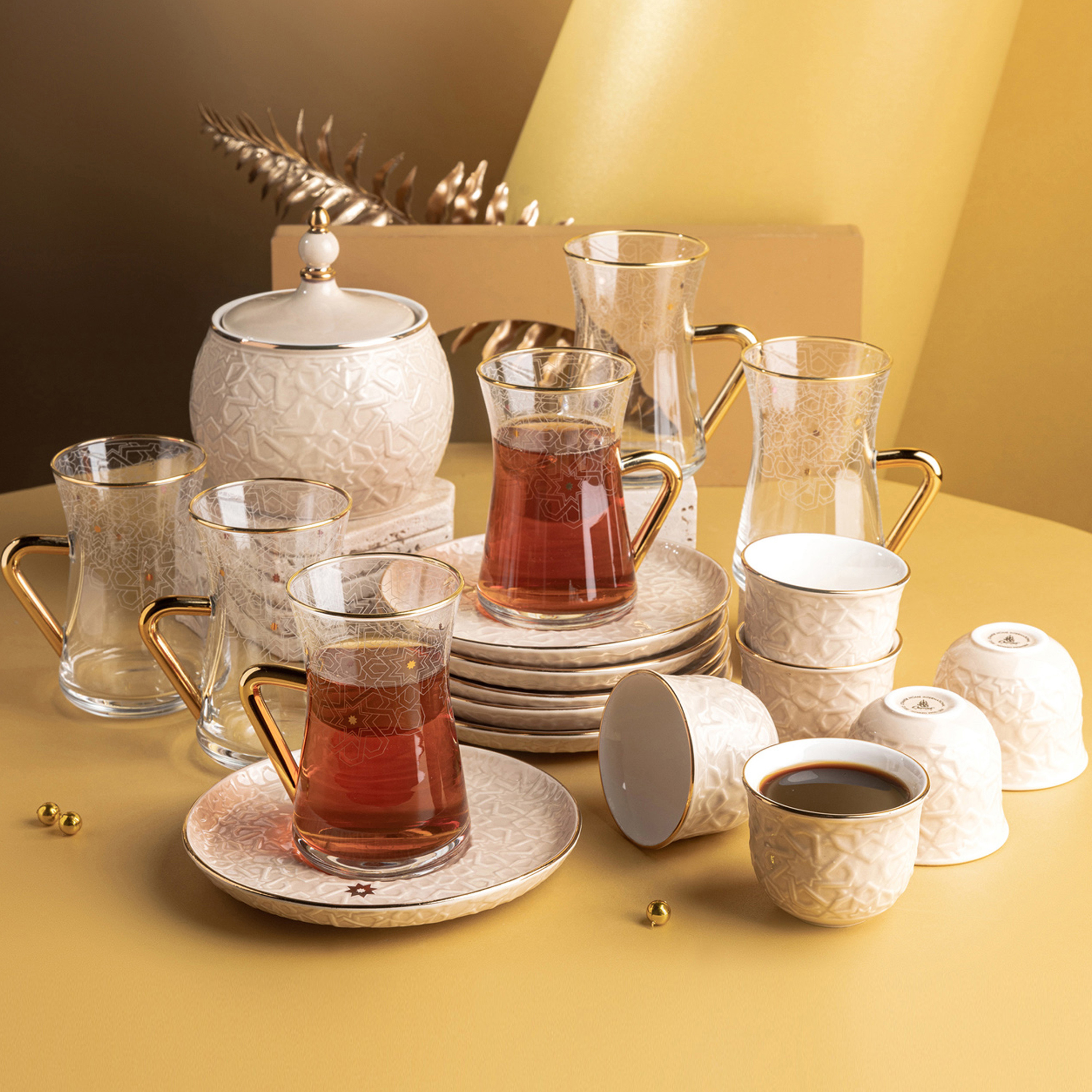 Otantik Crown Textured 19-Piece Porcelain Tea and Coffee Set-household-dining-teaandcoffee-teaandcoffeesets-image-1