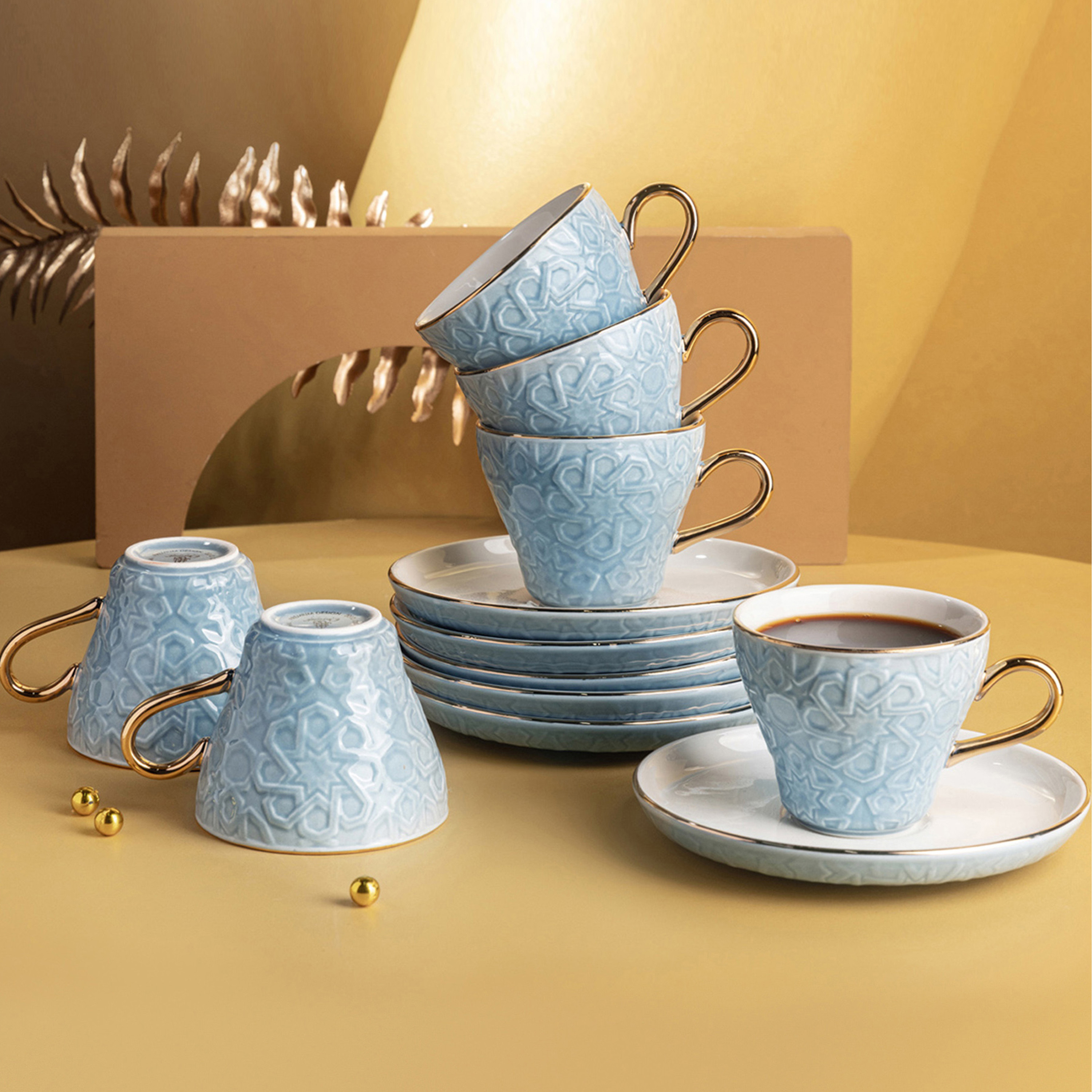 Otantik Crown 12-Piece Textured Turkish Coffee Cup and Saucer Set-household-dining-teaandcoffee-teaandcoffeesets-image-1