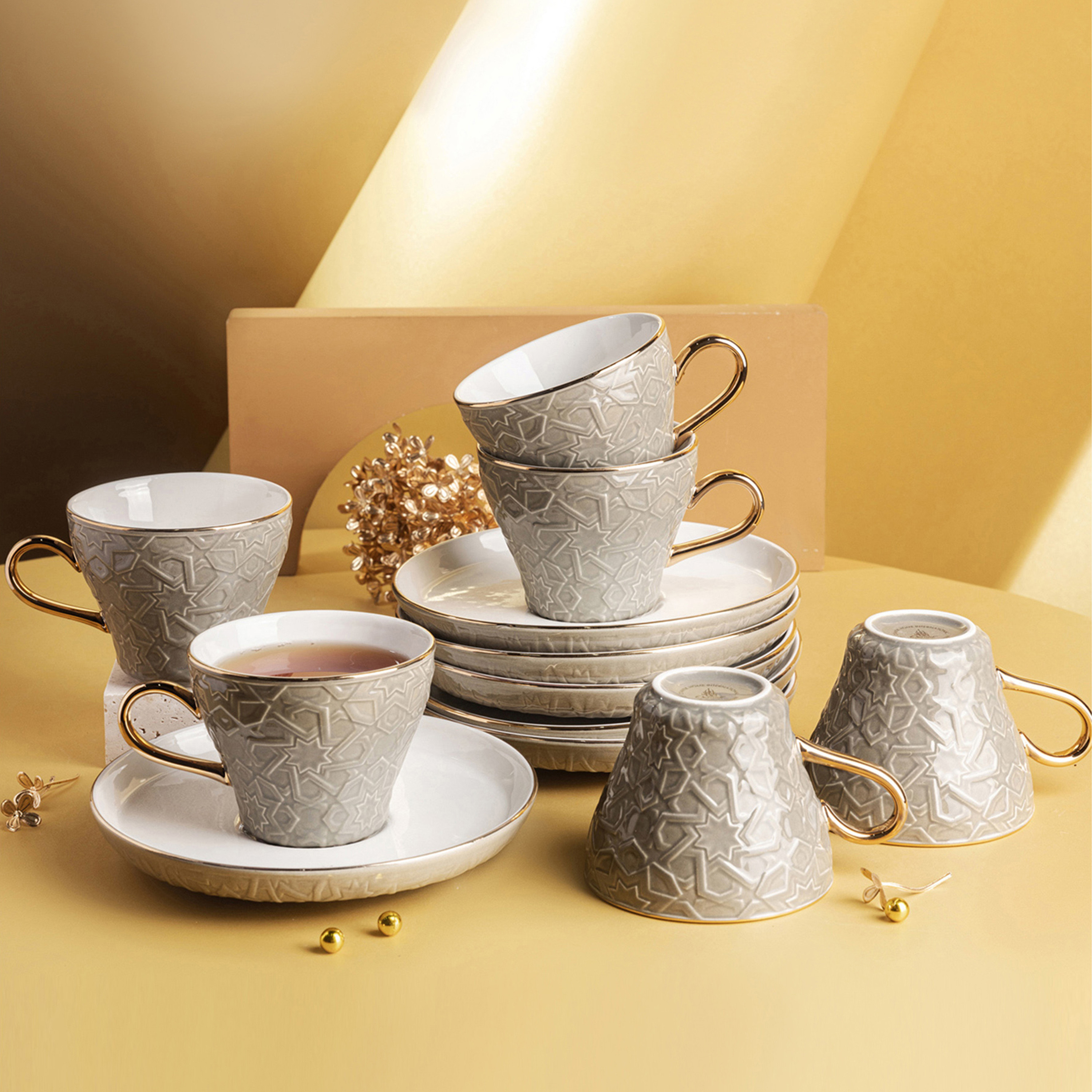 Otantik Crown Textured 12-Piece Porcelain Cup and Saucer Set-household-dining-teaandcoffee-teaandcoffeesets-image-1