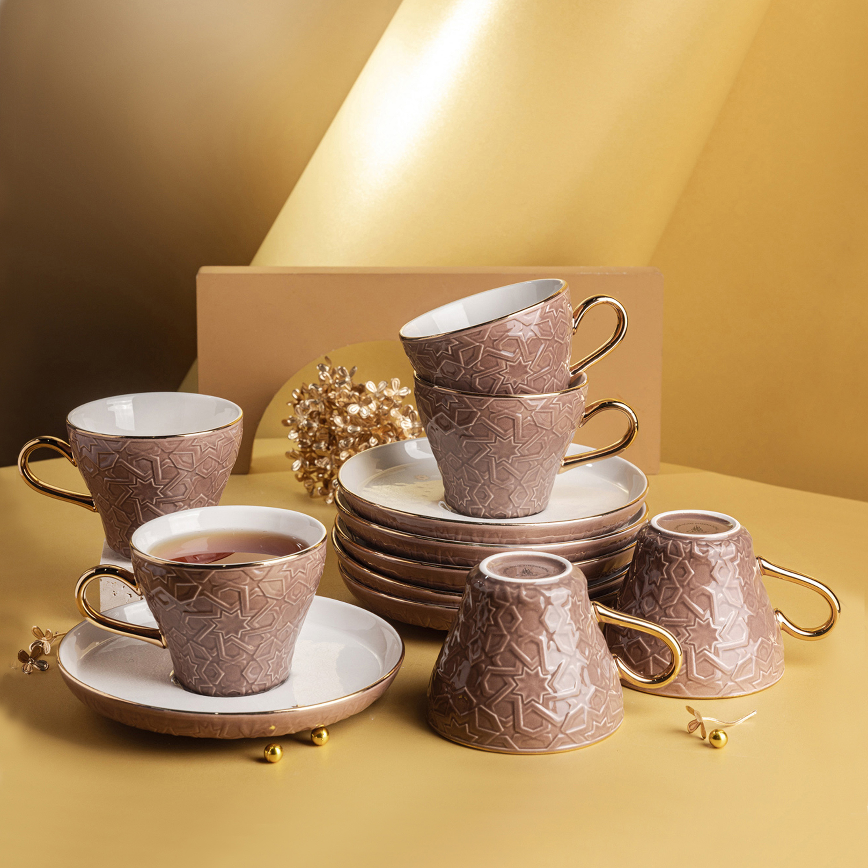 Otantik Crown Textured 12-Piece Porcelain Cup and Saucer Set-household-dining-teaandcoffee-teaandcoffeesets-image-1