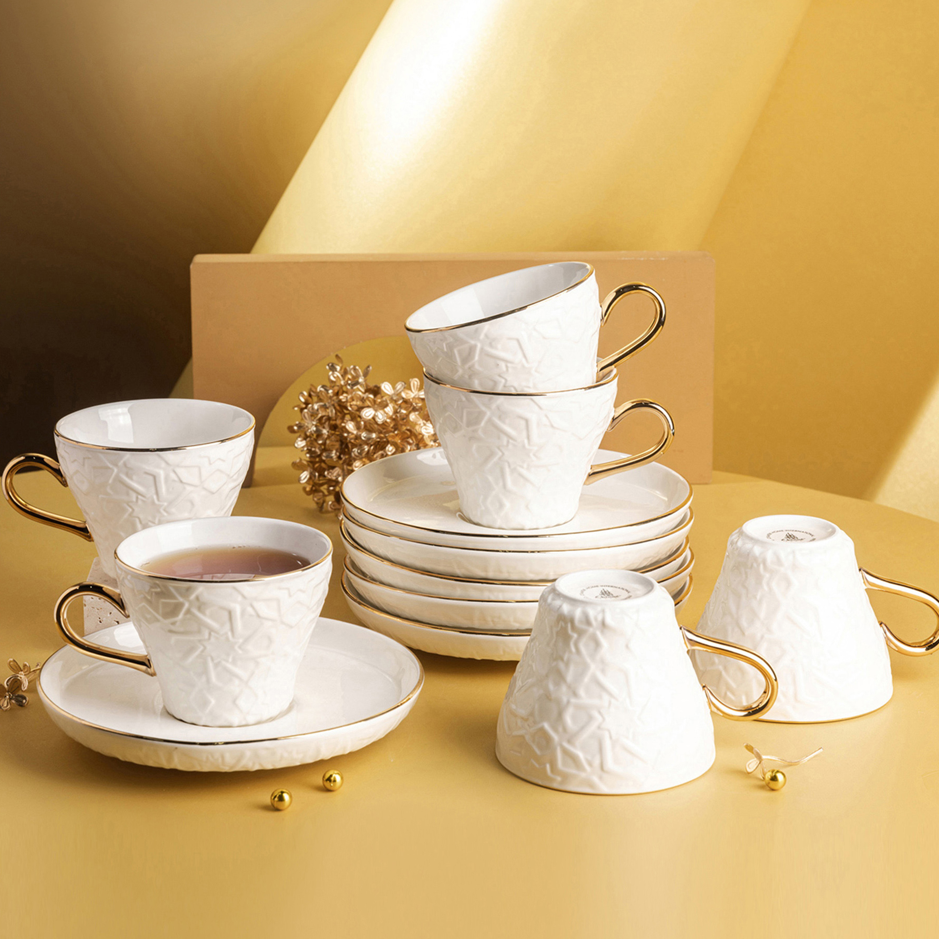 Otantik Crown Textured 12-Piece Porcelain Cup and Saucer Set-household-dining-teaandcoffee-teaandcoffeesets-image-1