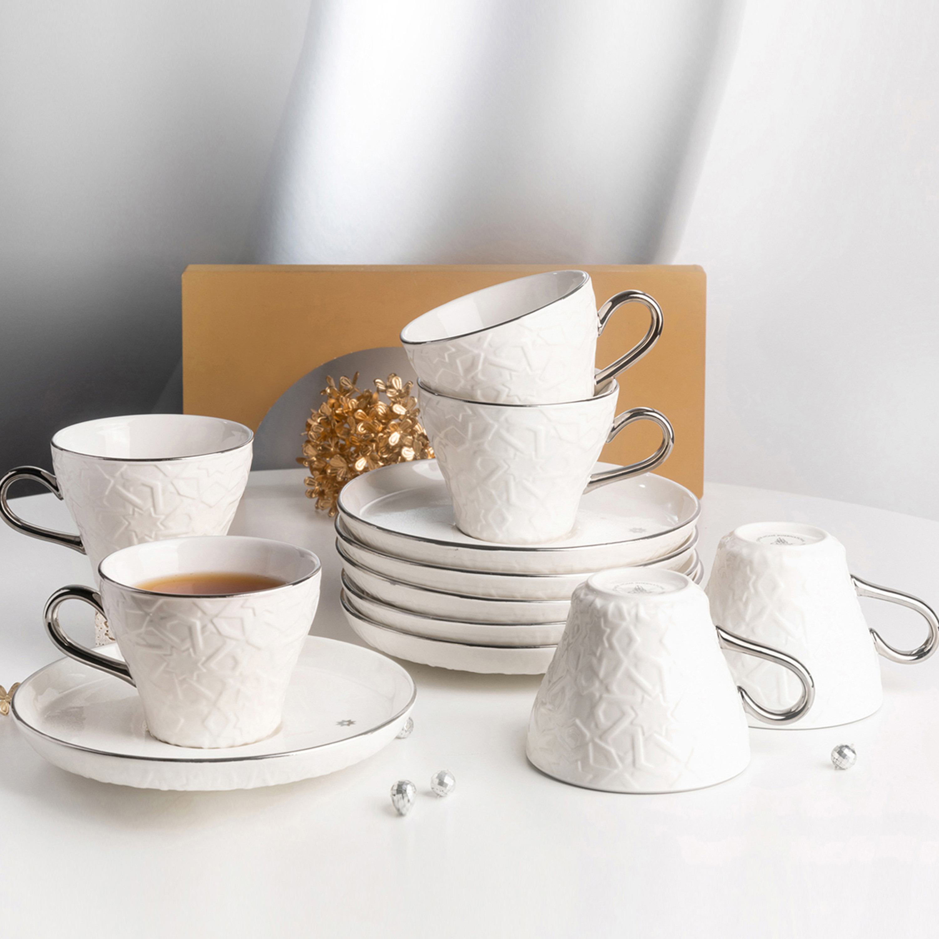 Otantik Crown Textured 12-Piece Porcelain Cup and Saucer Set-household-dining-teaandcoffee-teaandcoffeesets-image-1