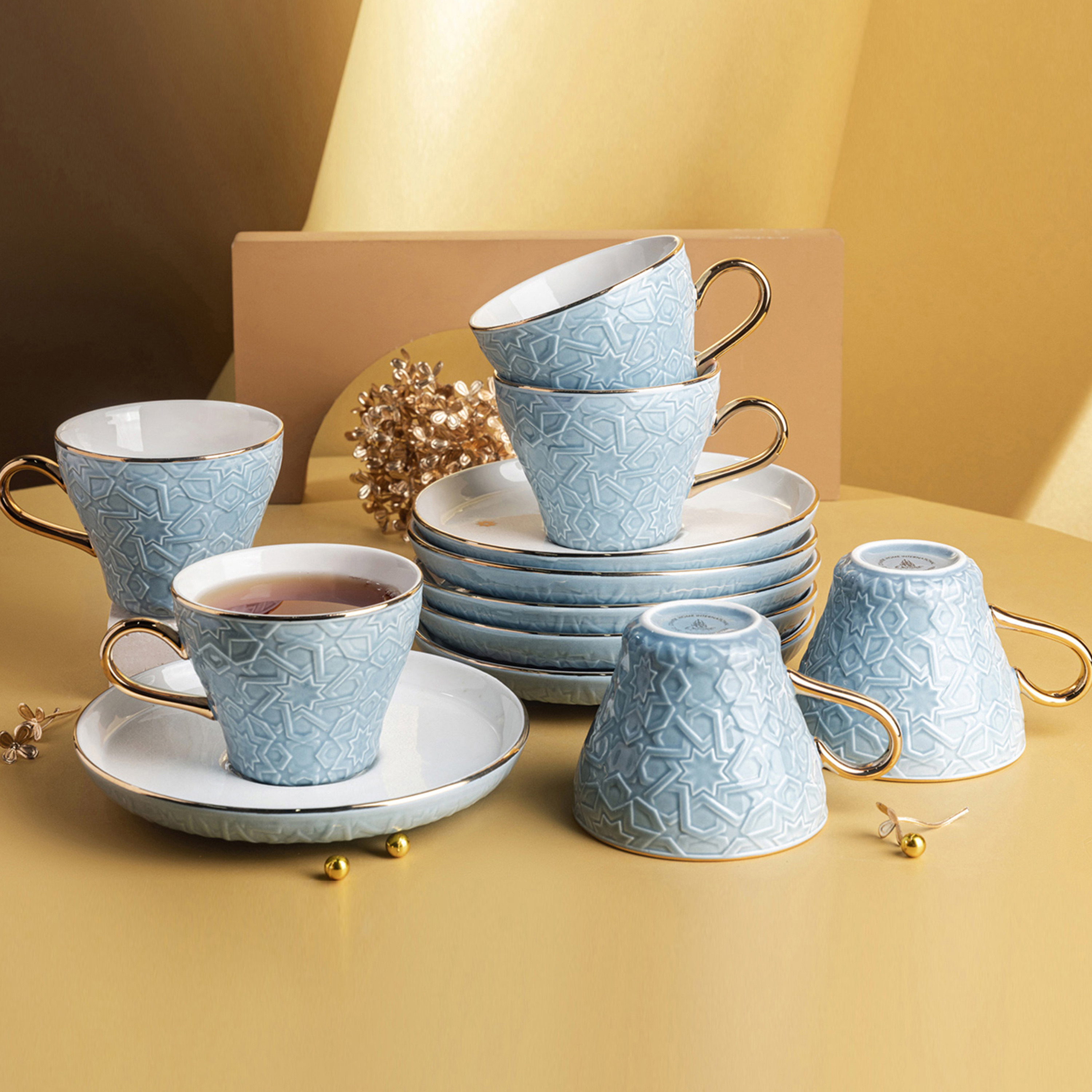 Otantik Crown Textured 12-Piece Porcelain Cup and Saucer Set-household-dining-teaandcoffee-teaandcoffeesets-image-1