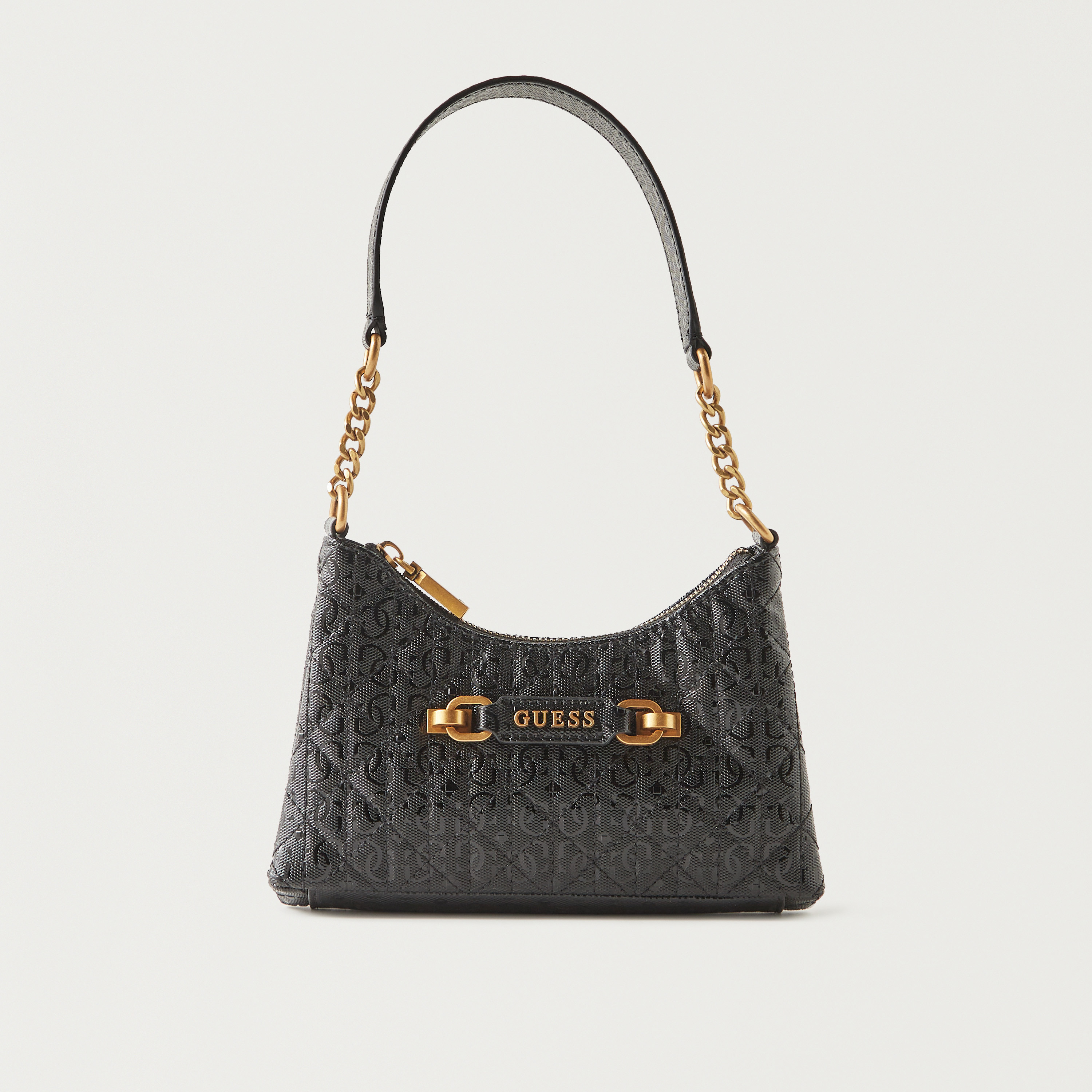 Buy Women s Guess All Over Monogram Print Shoulder Bag with Chain Accented Strap and Zip Closure Online Centrepoint UAE