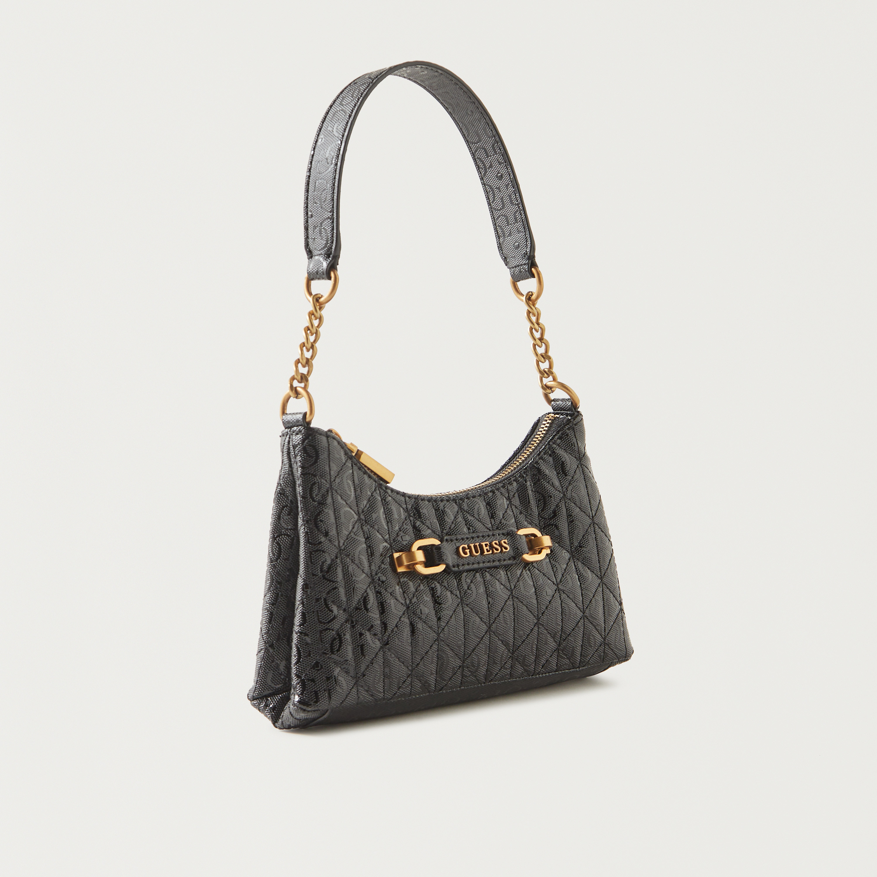 Guess All Over Monogram Print Shoulder Bag with Chain Accented Strap and Zip Closure