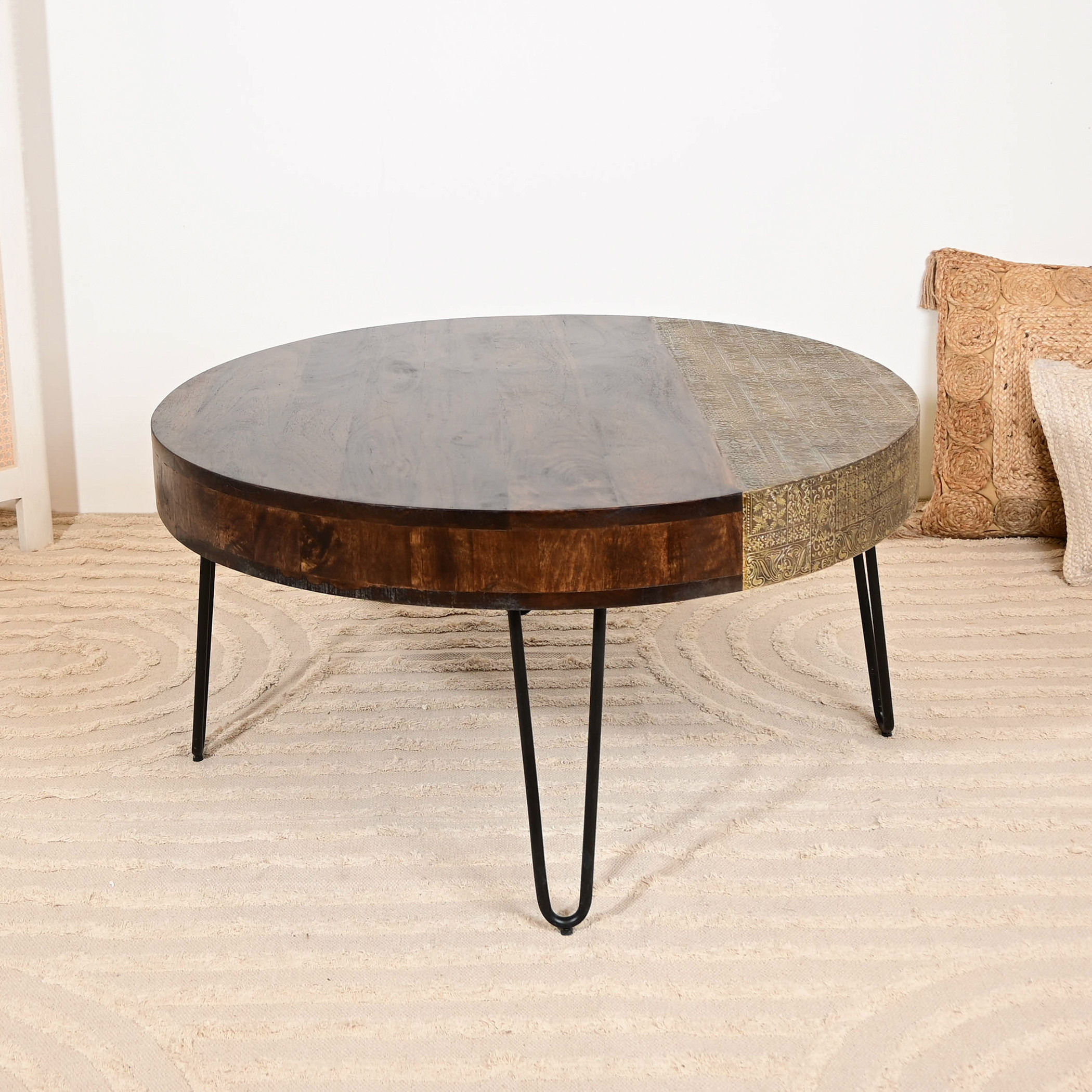 Home Carving Wooden Top Coffee Table with Metal Detail - 46x90x46 cms-furniture-livingroom-sideandendtables-image-2