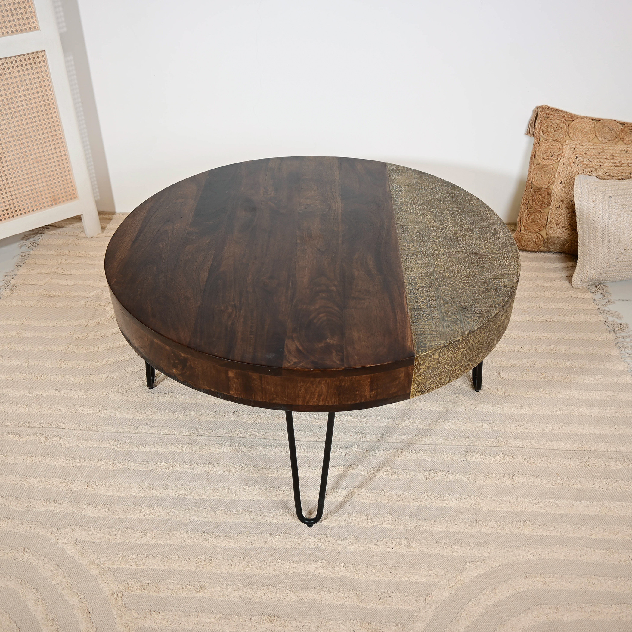 Home Carving Wooden Top Coffee Table with Metal Detail - 46x90x46 cms-furniture-livingroom-sideandendtables-image-3
