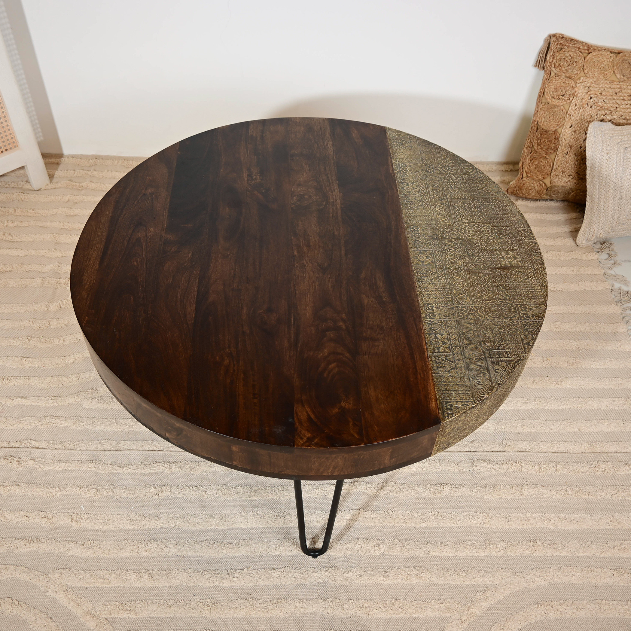 Home Carving Wooden Top Coffee Table with Metal Detail - 46x90x46 cms-furniture-livingroom-sideandendtables-image-6