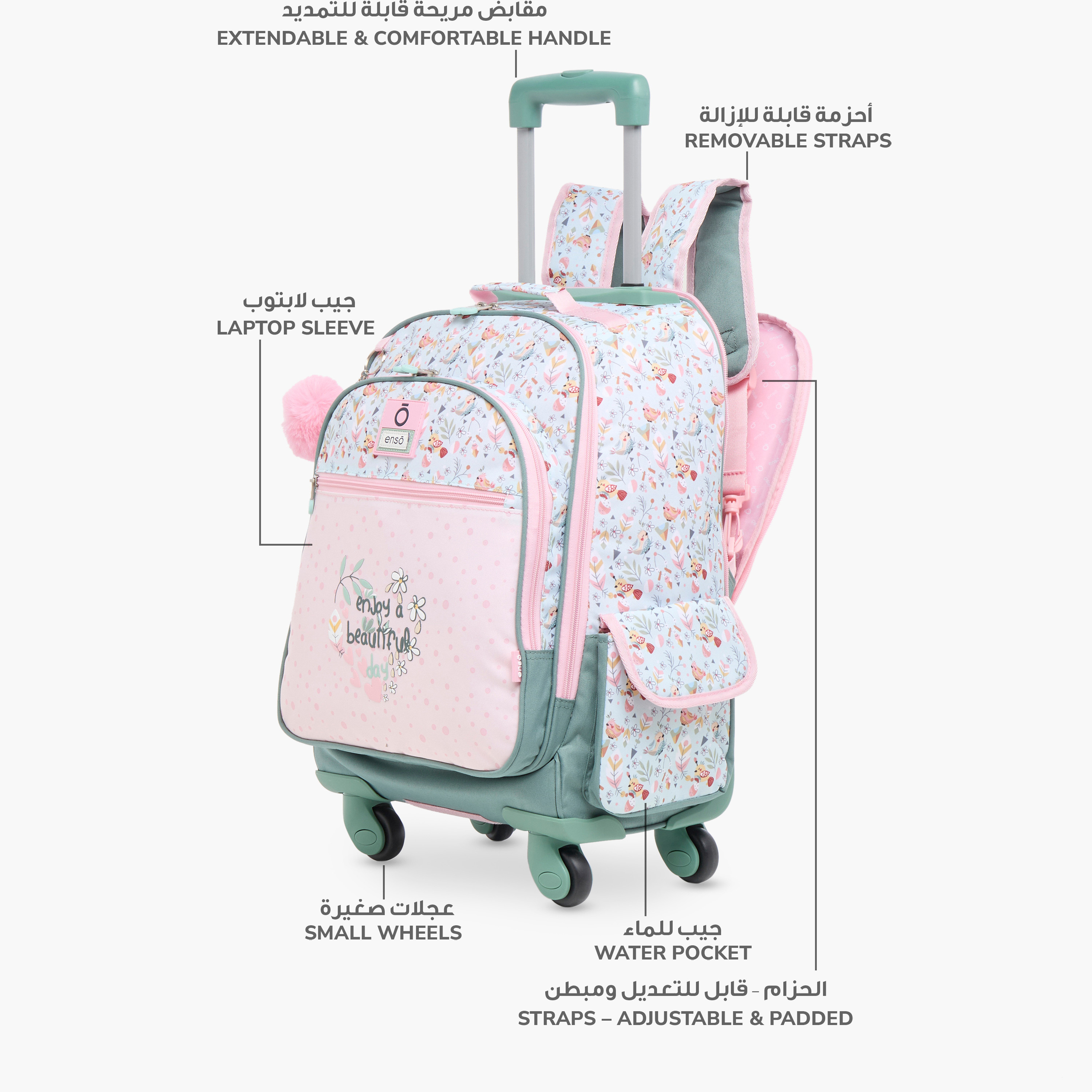 Enso 17-inch Floral Print Trolley Backpack with Retractable Handle - 33x44x21 cms-cpkids-backtoschool-schoolbagsandbackpacks-trolleybags-image-5