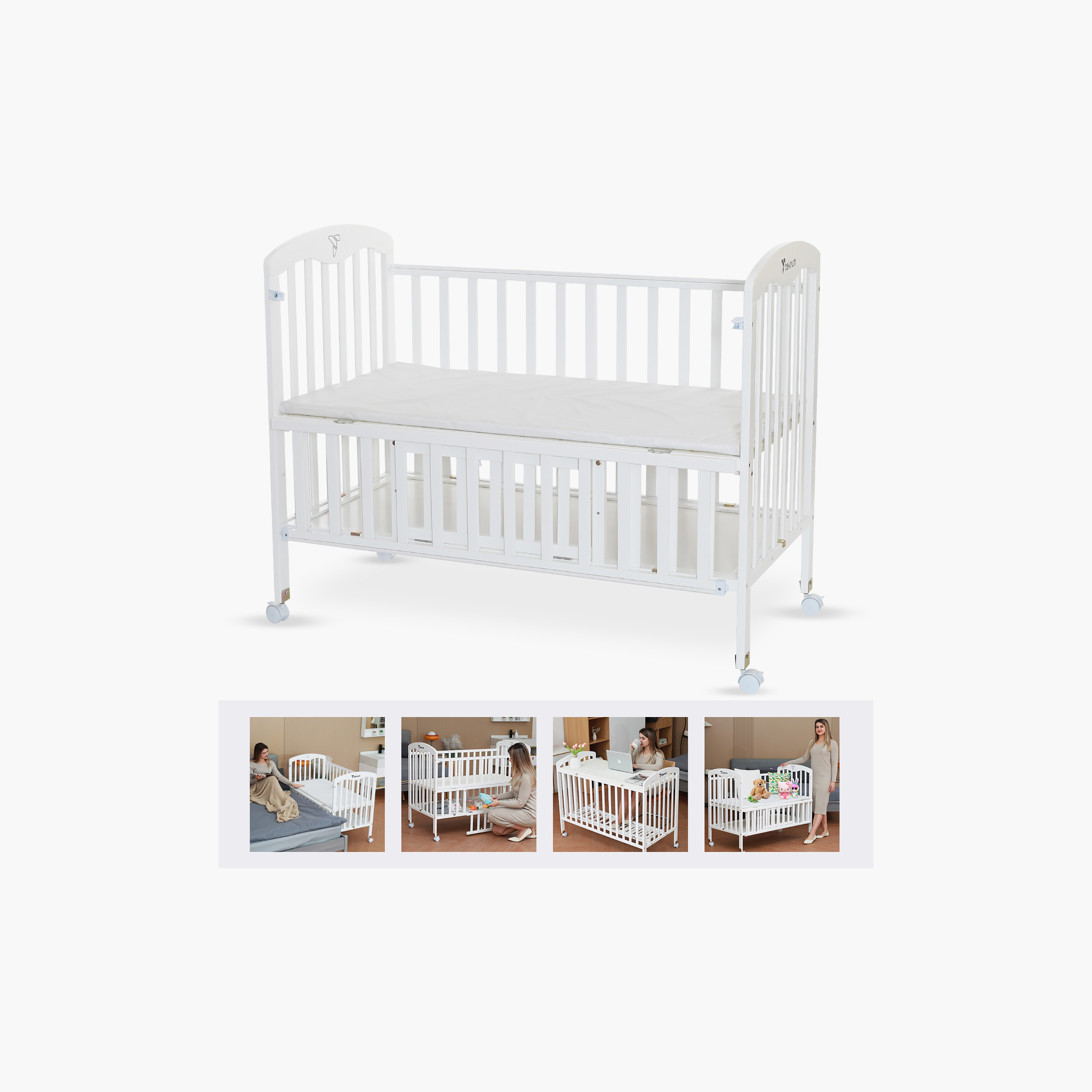 Teknum 4-in-1 Wooden Bed Side with Storage and Adjustable Height, White-baby-nursery-furniture-cribsandbeds-bassinets-image-2