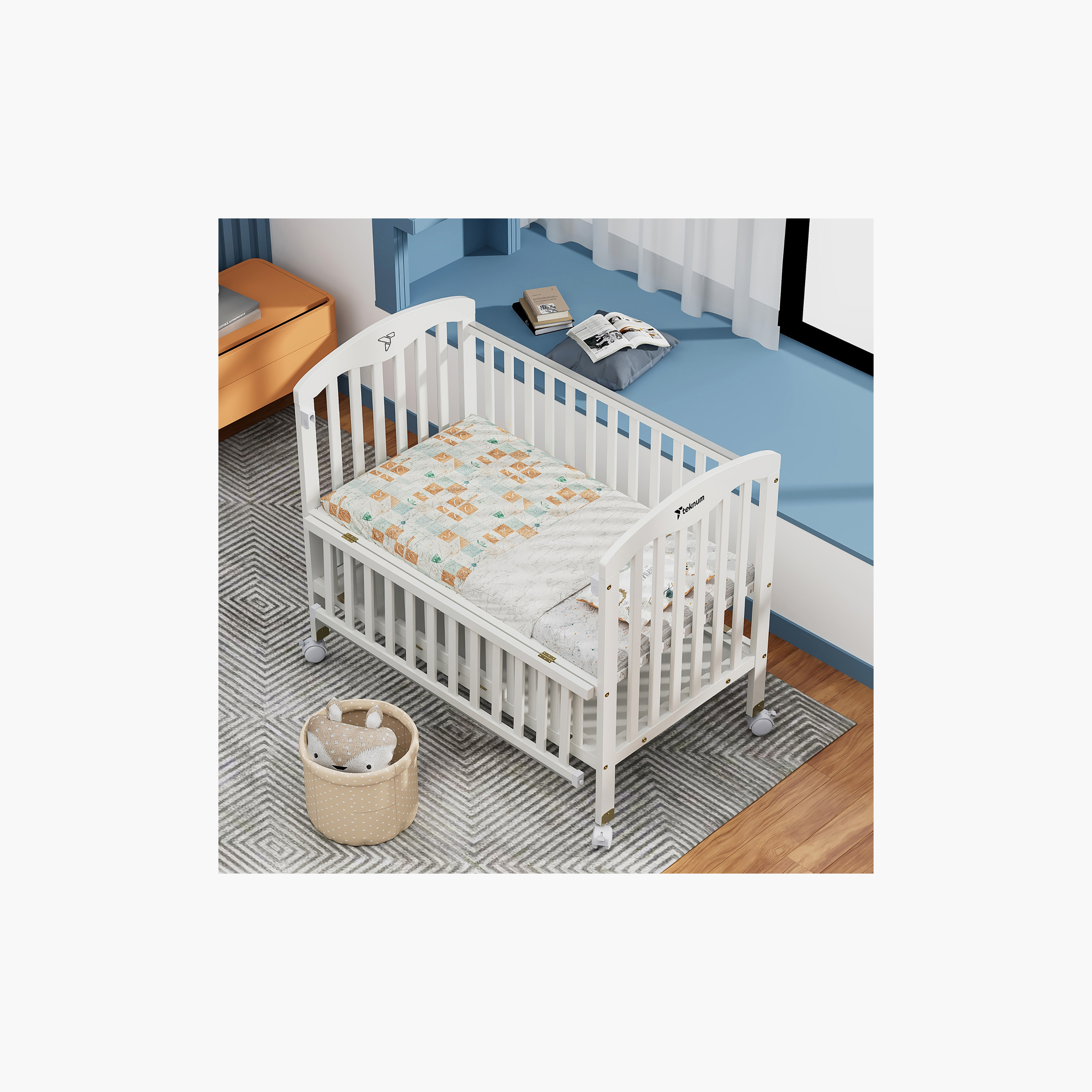 Teknum 4-in-1 Wooden Bed Side with Storage and Adjustable Height, White-baby-nursery-furniture-cribsandbeds-bassinets-image-3