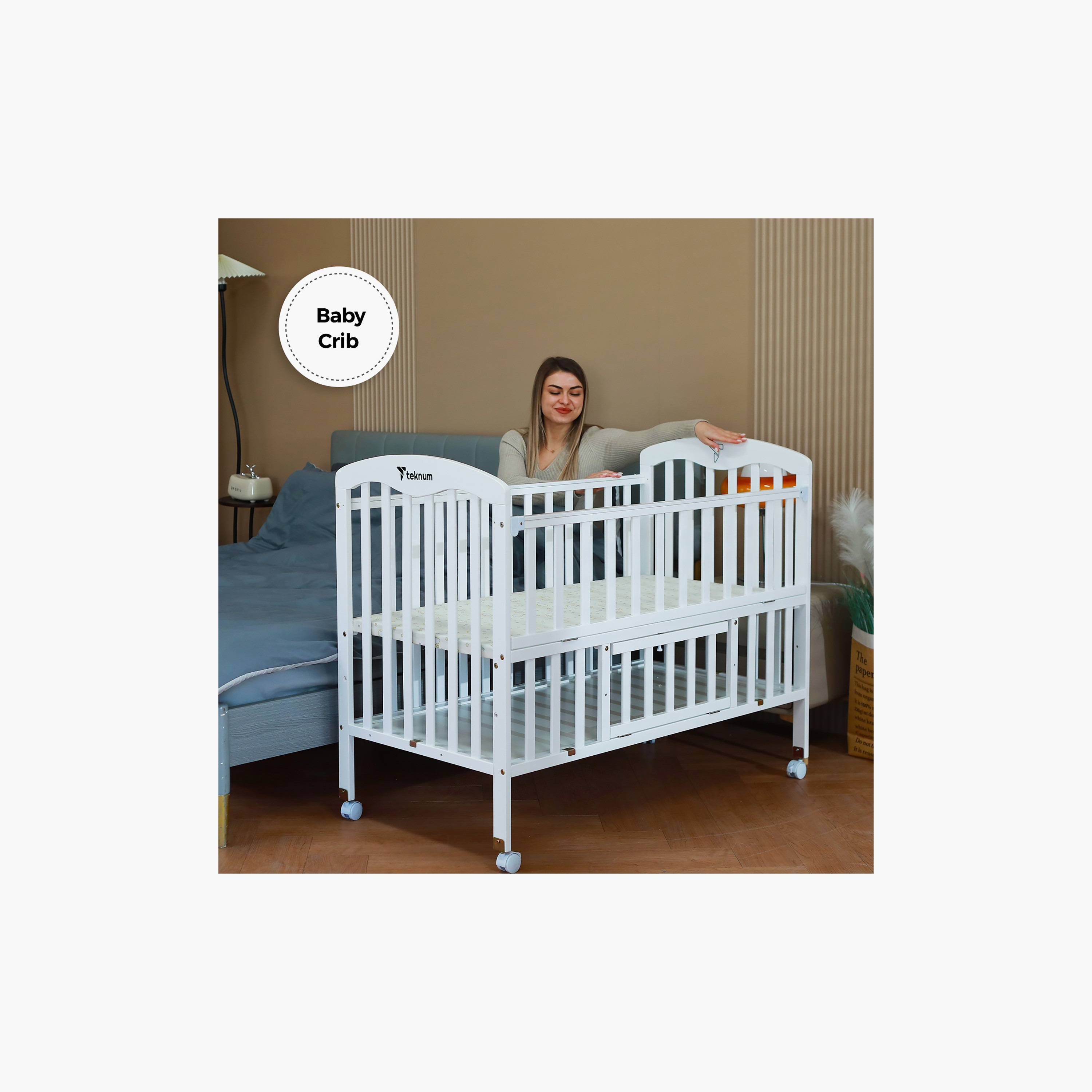 Teknum 4-in-1 Wooden Bed Side with Storage and Adjustable Height, White-baby-nursery-furniture-cribsandbeds-bassinets-image-4