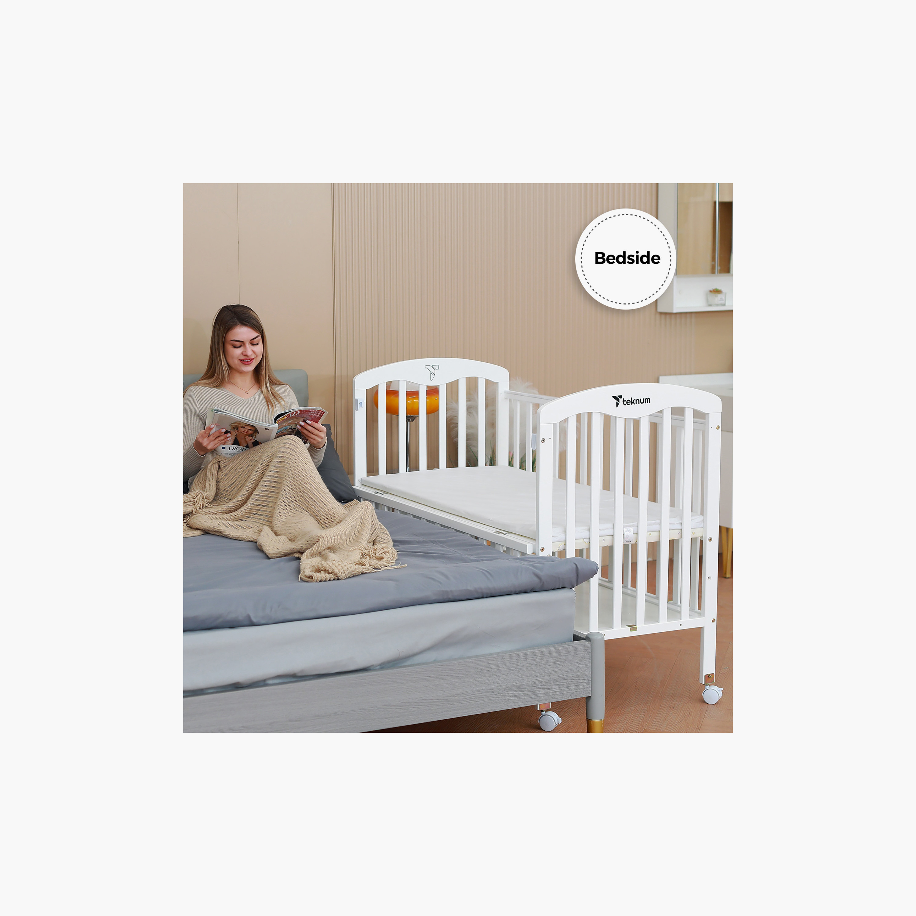 Teknum 4-in-1 Wooden Bed Side with Storage and Adjustable Height, White-baby-nursery-furniture-cribsandbeds-bassinets-image-5