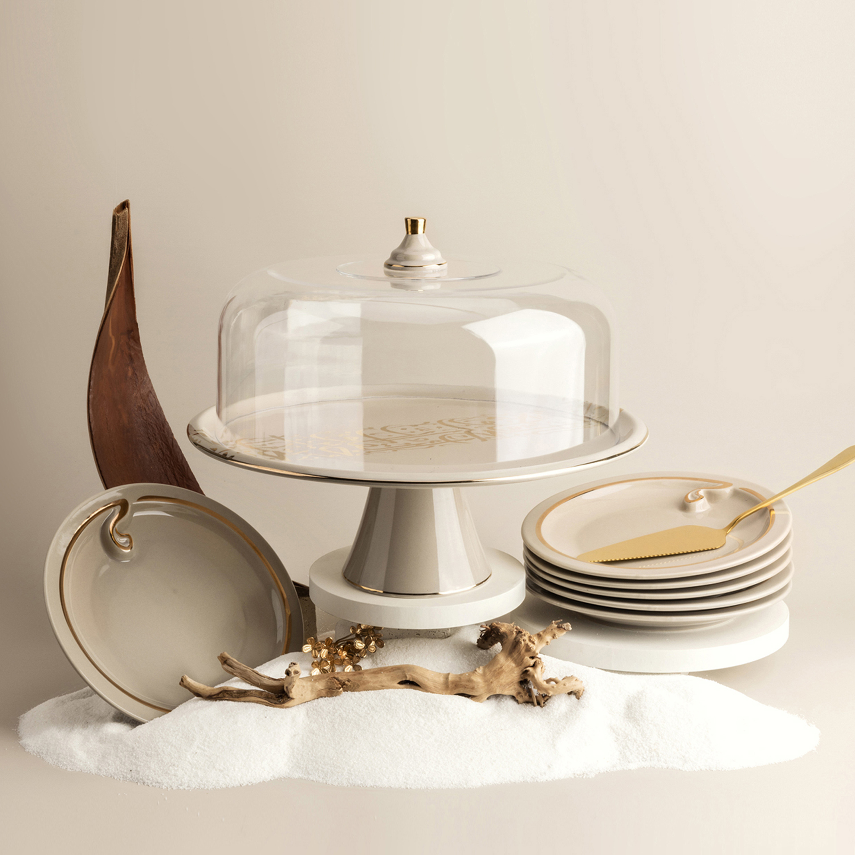 Otantik Nour 8-Piece Porcelain Cake Serving Set with Acrylic Cover-household-dining-serveware-cakestands-image-1