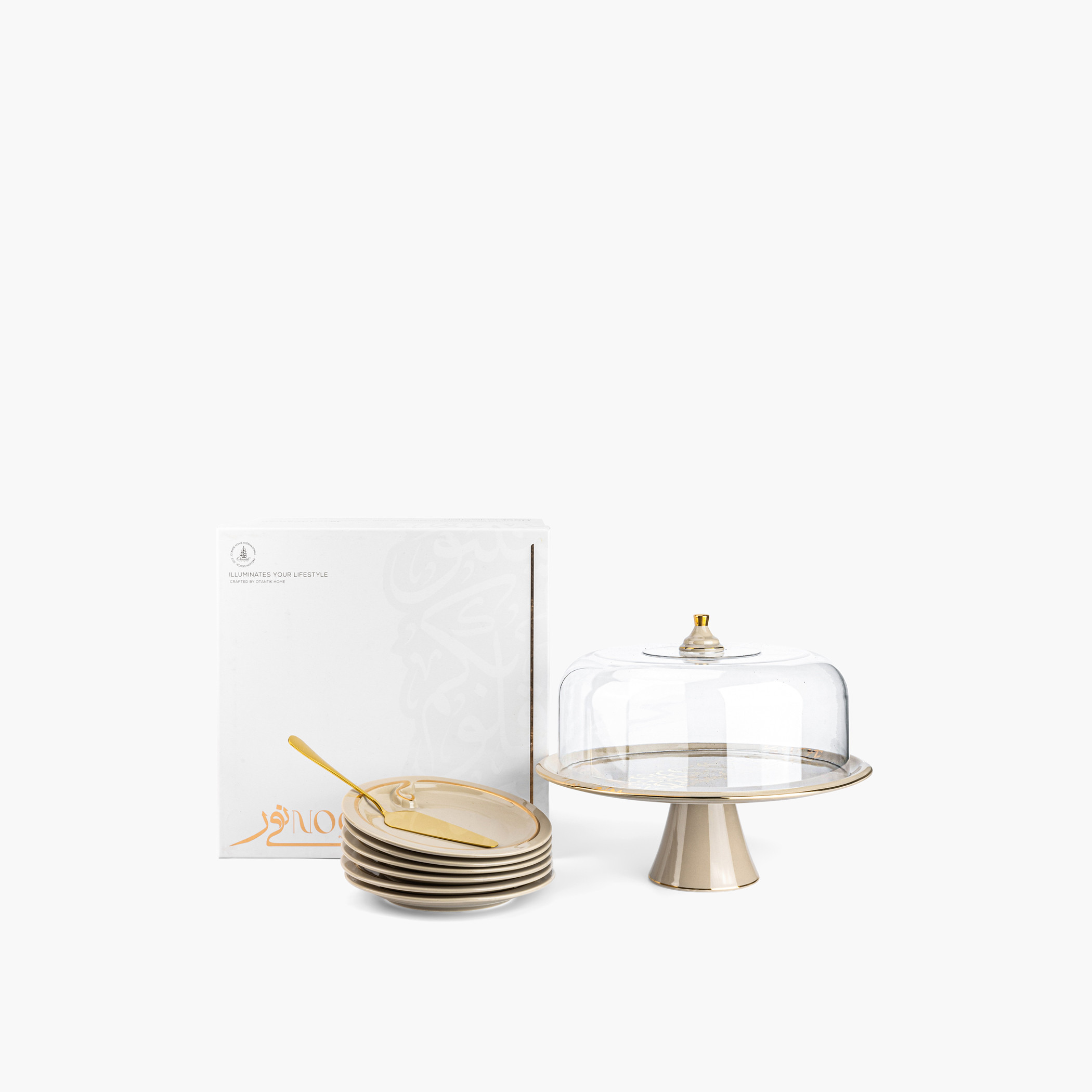 Otantik Nour 8-Piece Porcelain Cake Serving Set with Acrylic Cover-household-dining-serveware-cakestands-image-3