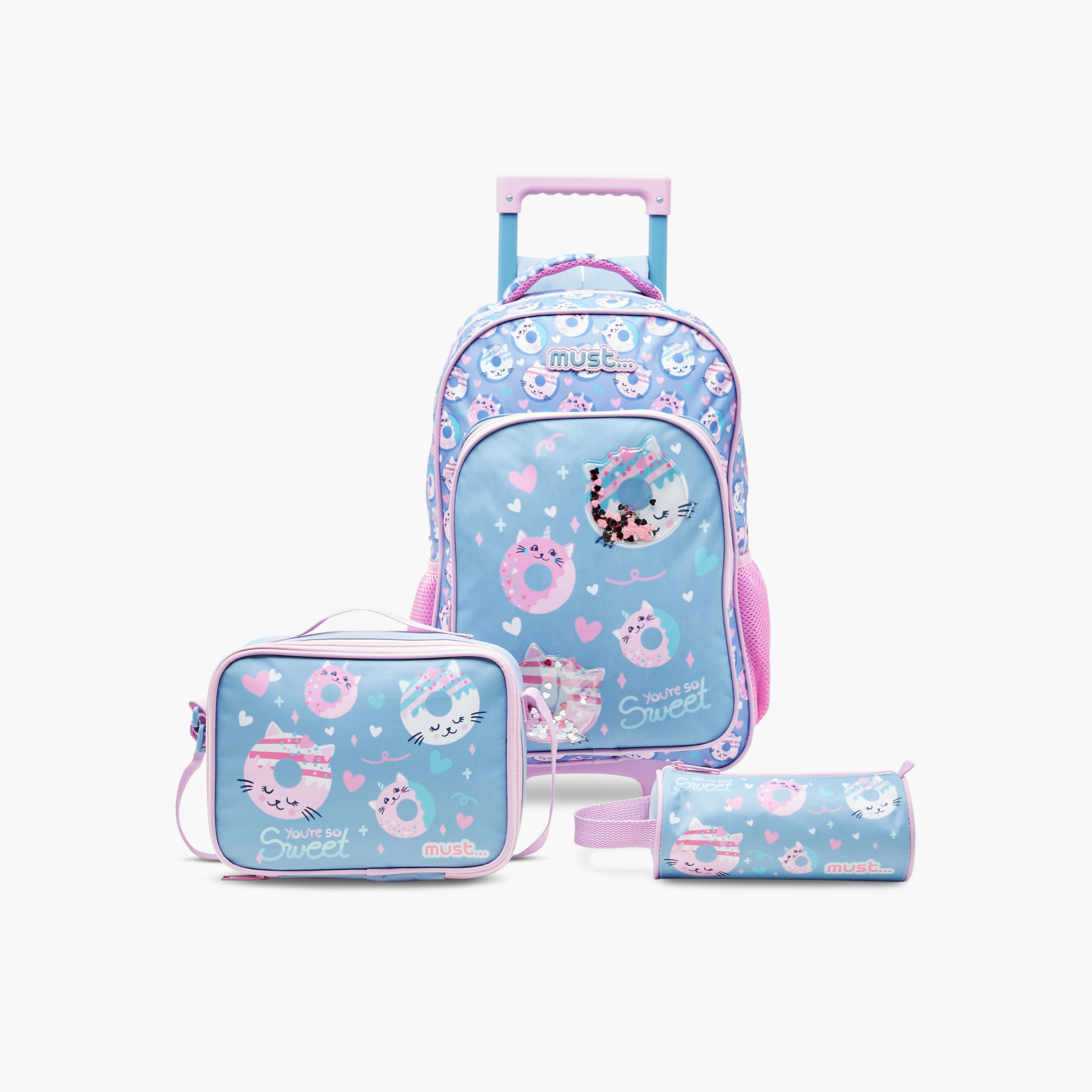 Must Cat Print Trolley Backpack with Lunch Bag and Pencil Case ...