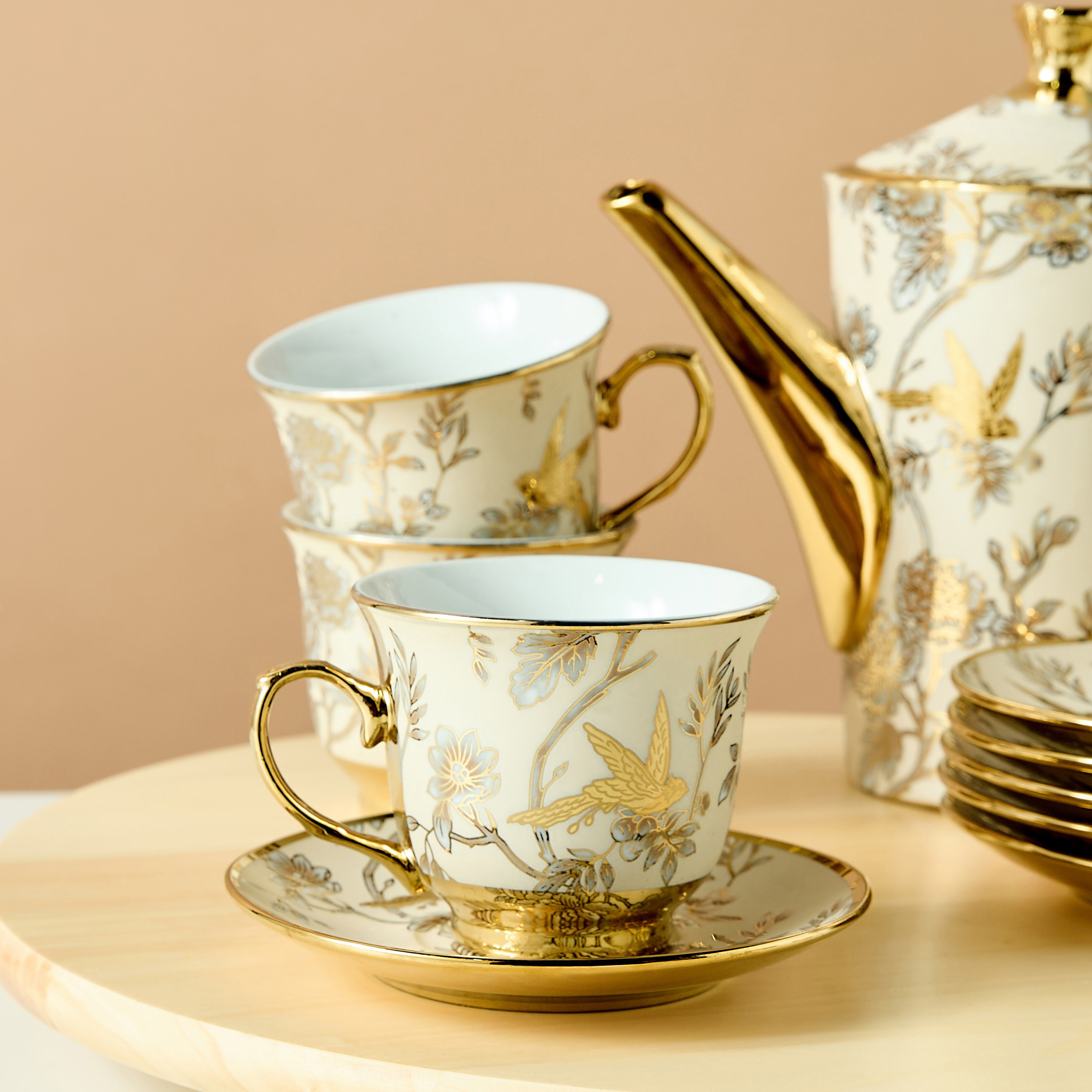 Floral Print 13-Piece Cup and Saucer Set with Teapot - 220 ml-household-dining-teaandcoffee-teaandcoffeesets-image-2