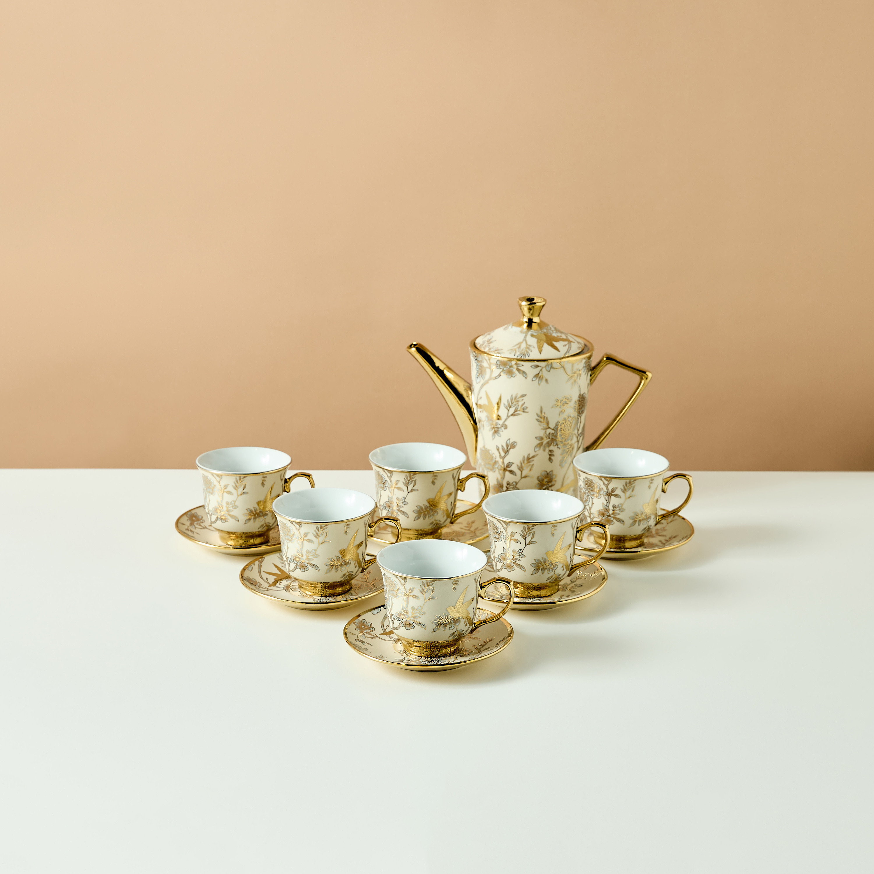 Floral Print 13-Piece Cup and Saucer Set with Teapot - 220 ml-household-dining-teaandcoffee-teaandcoffeesets-image-3
