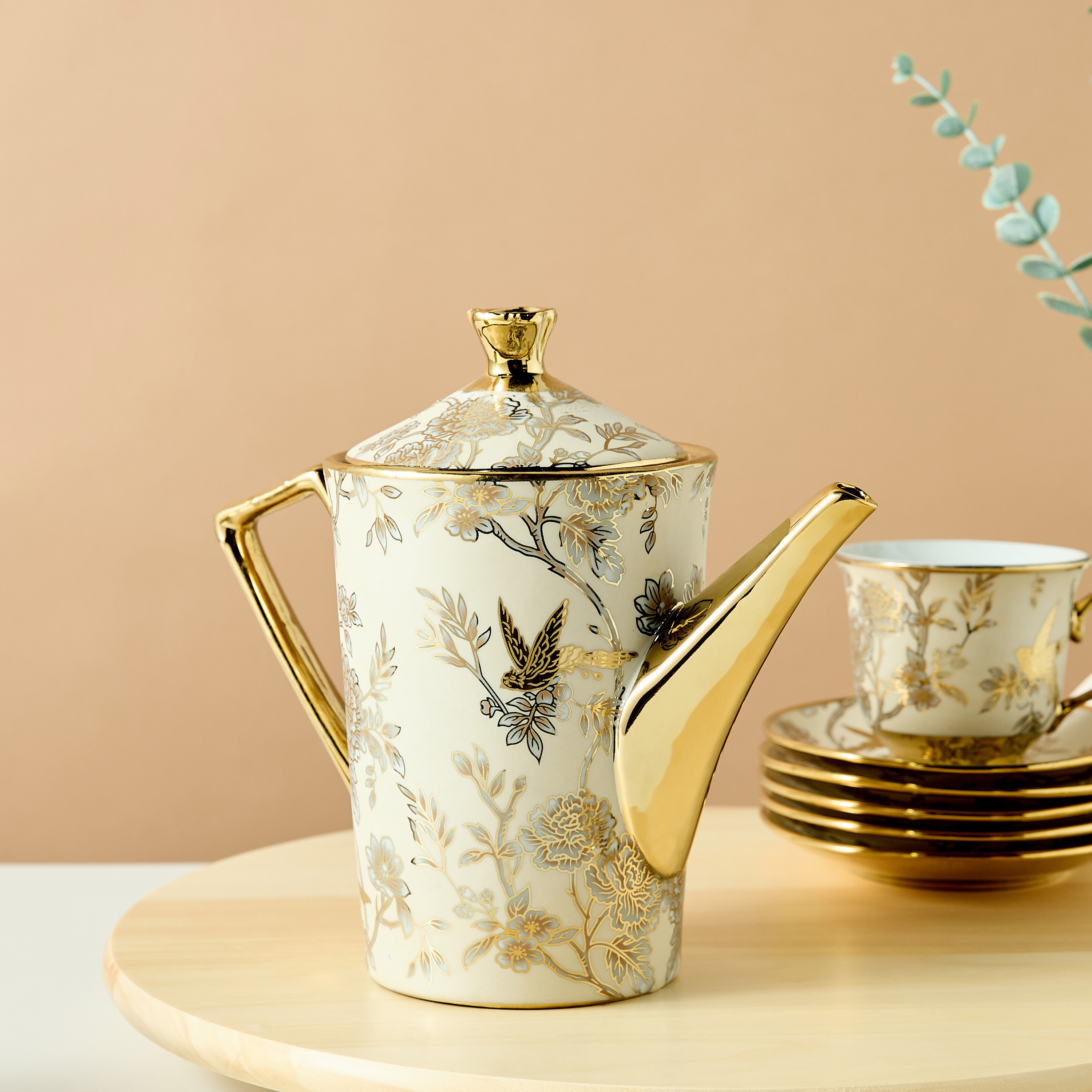 Floral Print 13-Piece Cup and Saucer Set with Teapot - 220 ml-household-dining-teaandcoffee-teaandcoffeesets-image-4