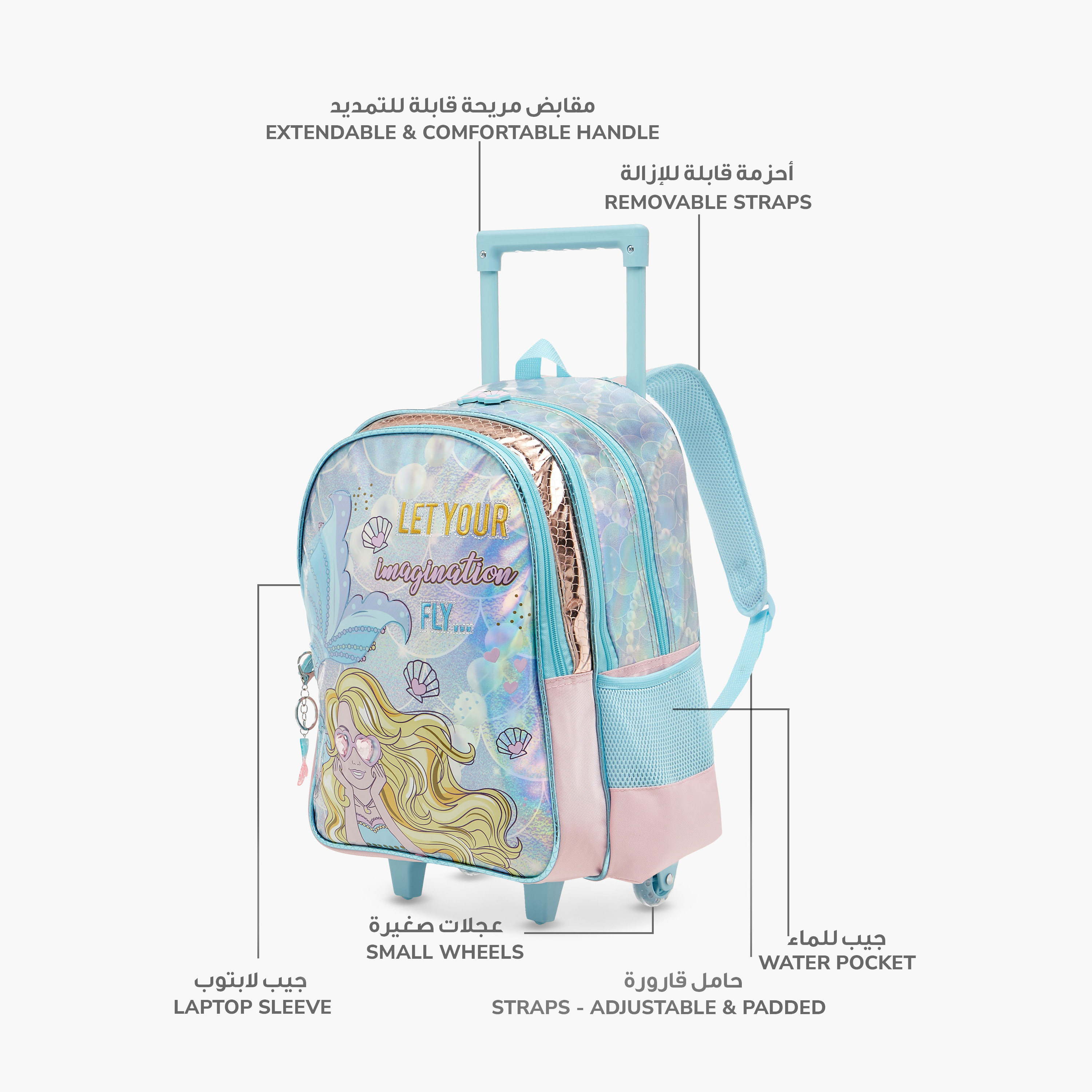 SAMI STUDIO Mermaid Print Trolley Backpack with Retractable Handle - 33x14x45 cms-school-bagsandbackpacks-trolleybags-image-6