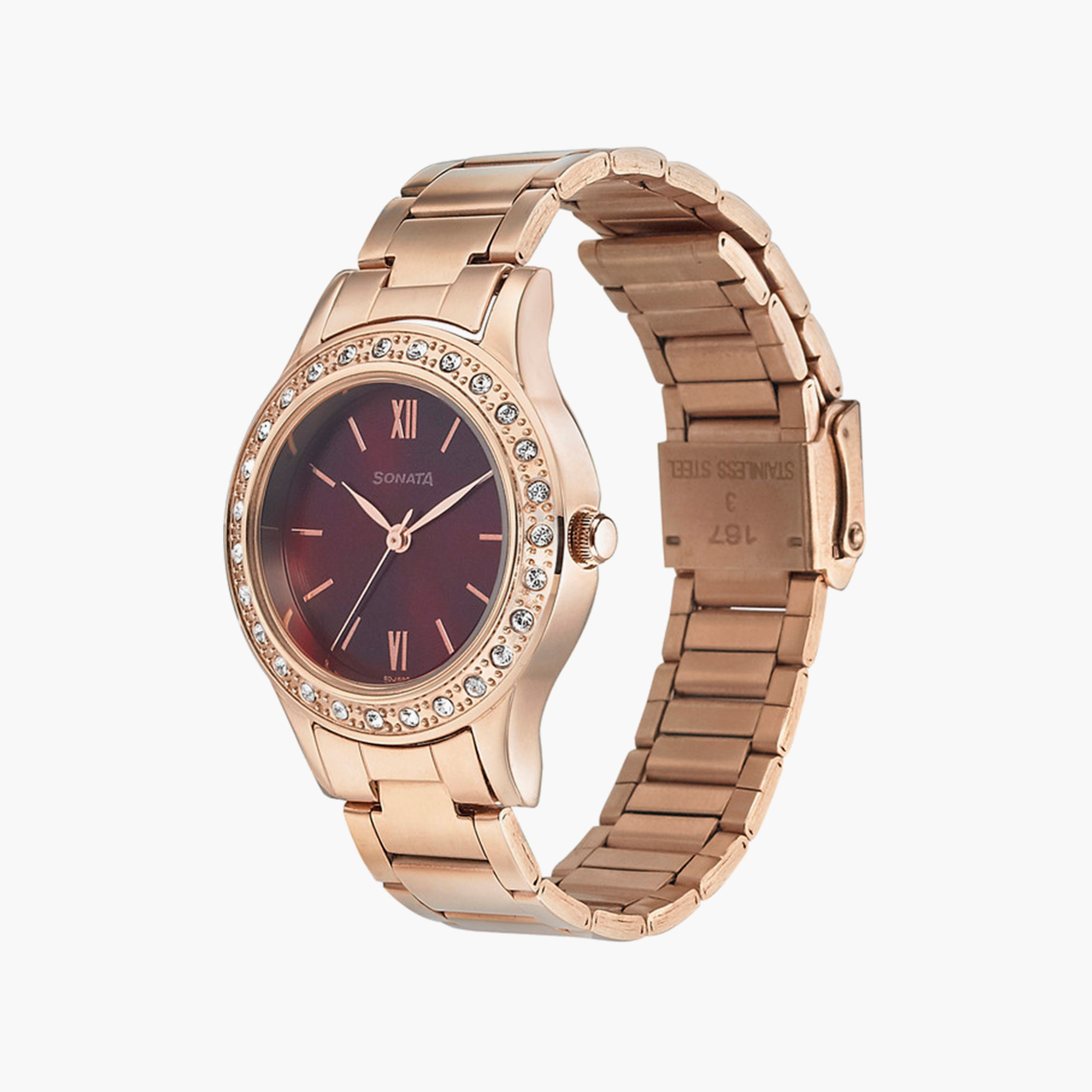 ساعة أنالوج ذهبية وردية بسوار ستانلس ستيل من سوناتا | 8123WM02-women-watchesandjewellery-watches-image-2