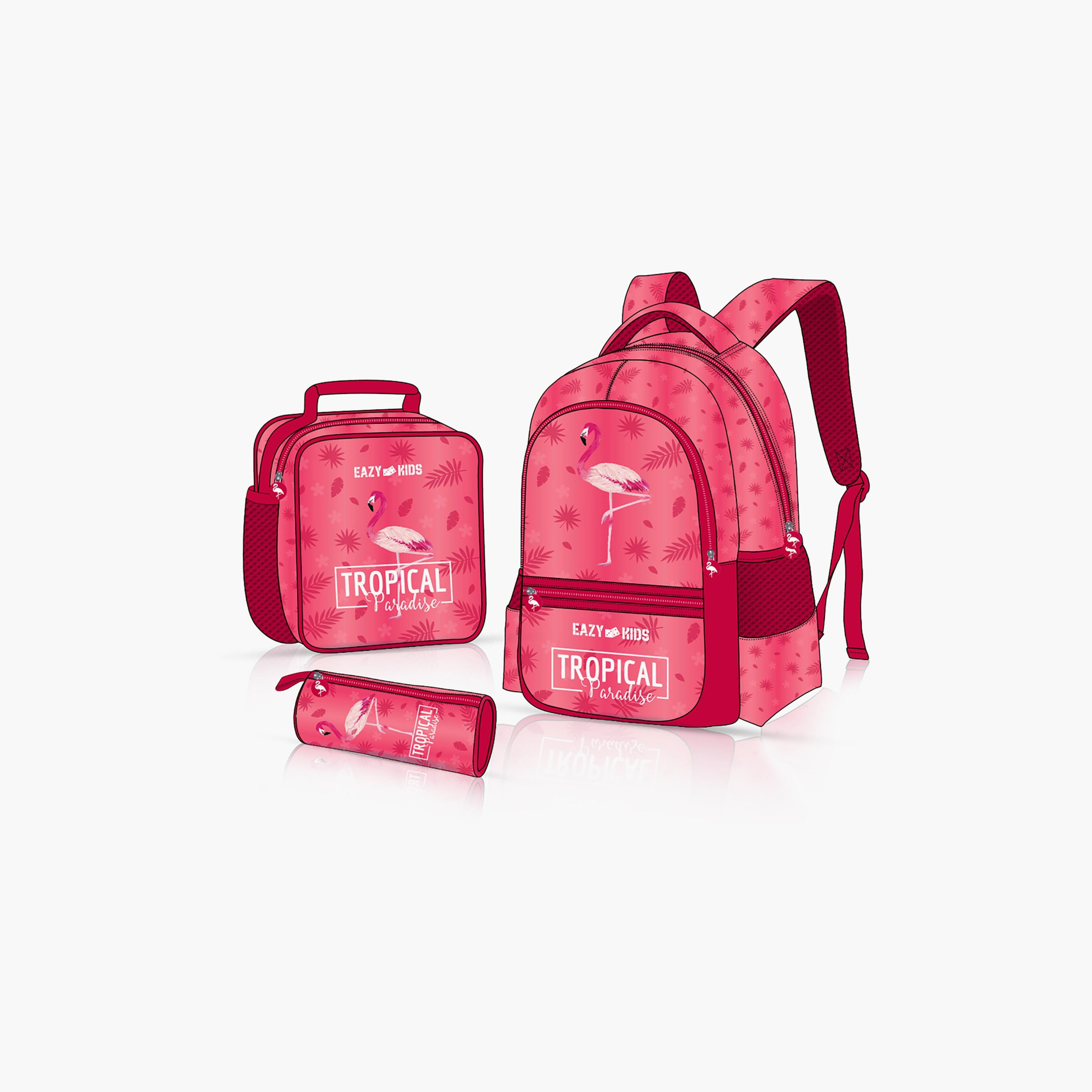 Eazy Kids 3-Piece 17Inch School Bag with Lunch Bag & Pencil Case, Tropical, Pink-school-bagsandbackpacks-sets-image-1
