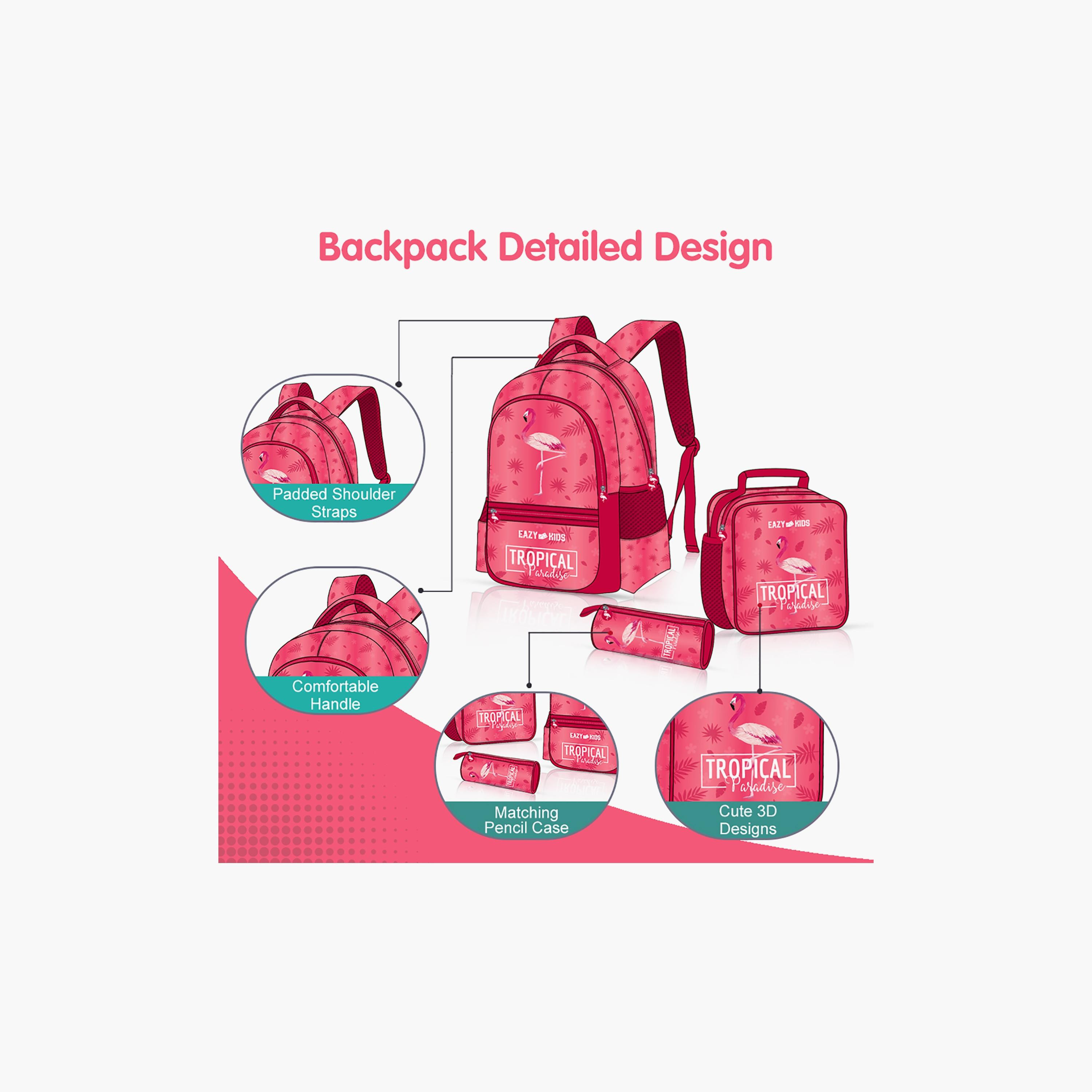 Eazy Kids 3-Piece 17Inch School Bag with Lunch Bag & Pencil Case, Tropical, Pink-school-bagsandbackpacks-sets-image-2