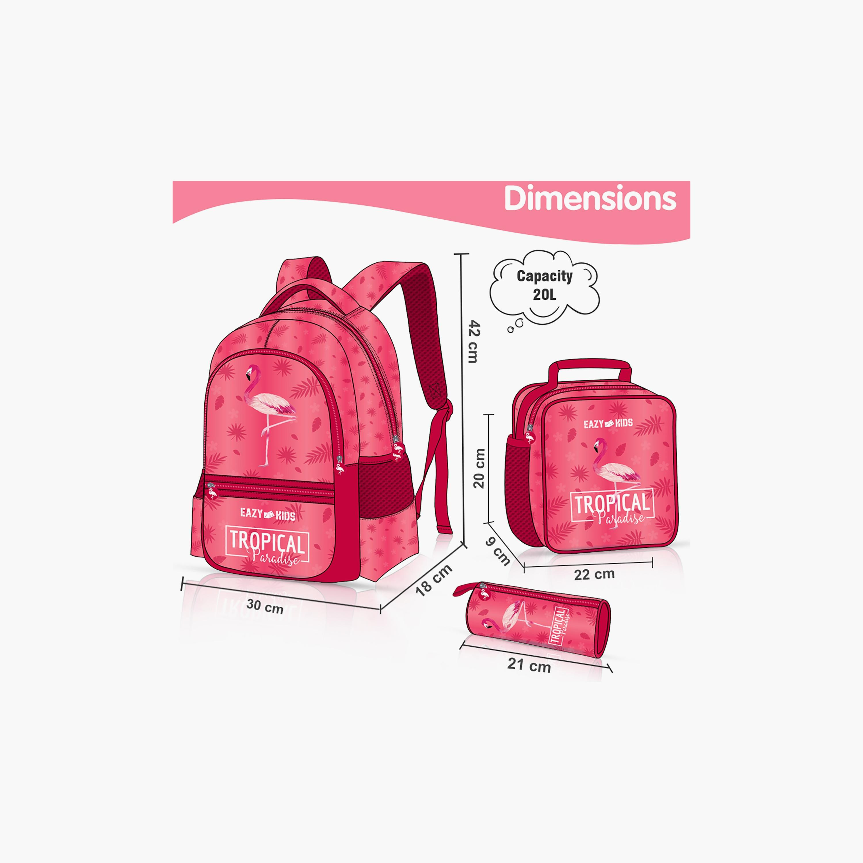Eazy Kids 3-Piece 17Inch School Bag with Lunch Bag & Pencil Case, Tropical, Pink-school-bagsandbackpacks-sets-image-3
