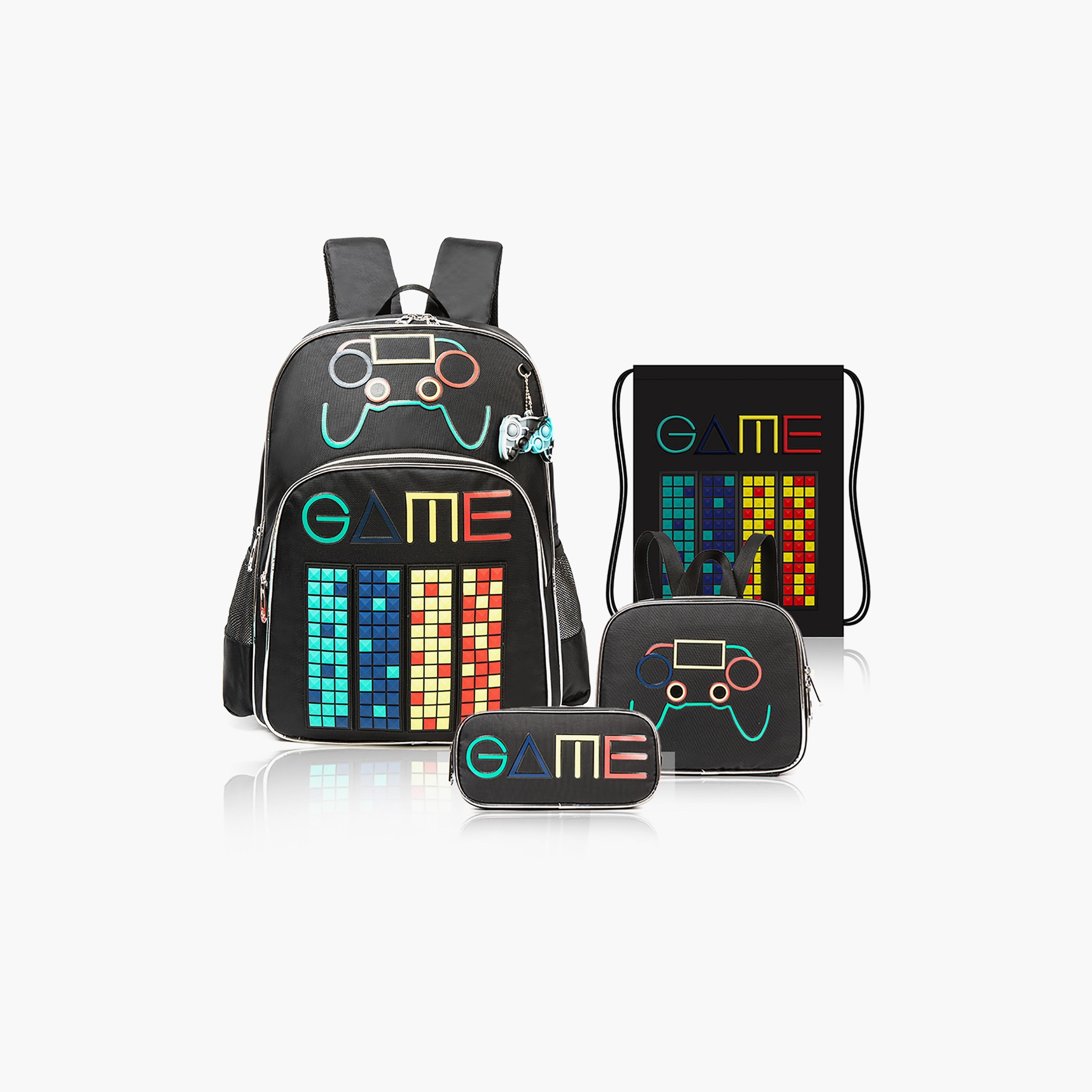 Eazy Kids 4-Piece 17Inch School Bag with Lunch Bag, Activity Bag & Pencil Case, Gen Z Gamer, Black-school-bagsandbackpacks-sets-image-1