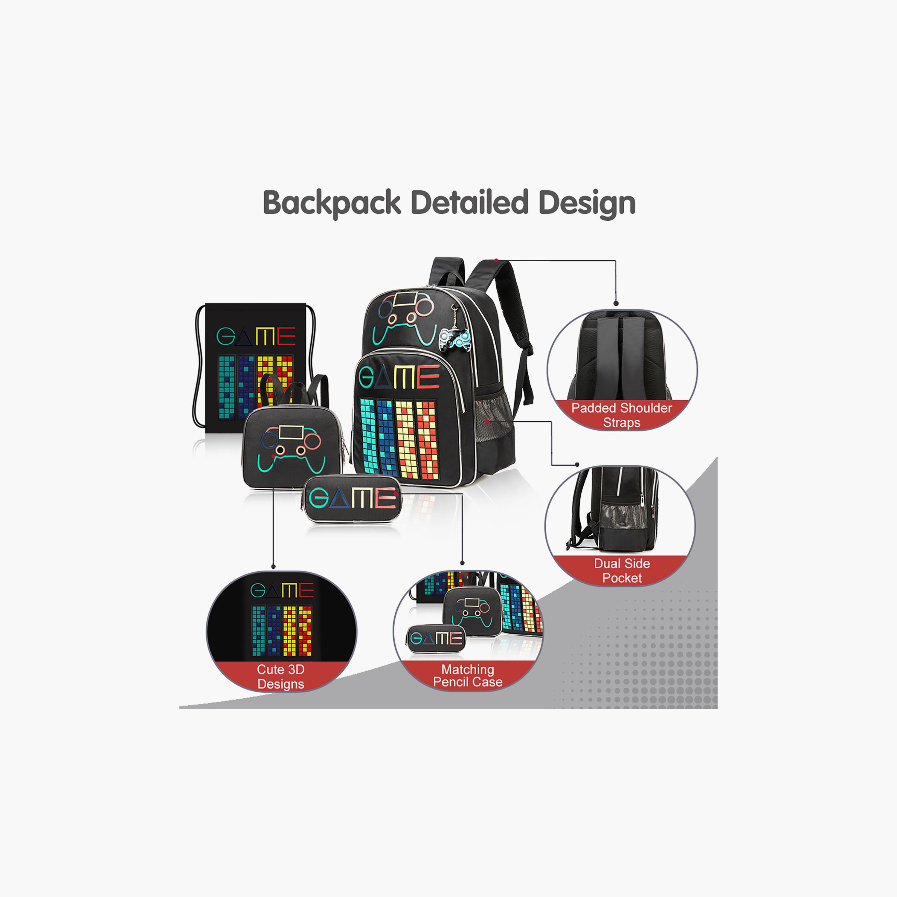 Eazy Kids 4-Piece 17Inch School Bag with Lunch Bag, Activity Bag & Pencil Case, Gen Z Gamer, Black-school-bagsandbackpacks-sets-image-3