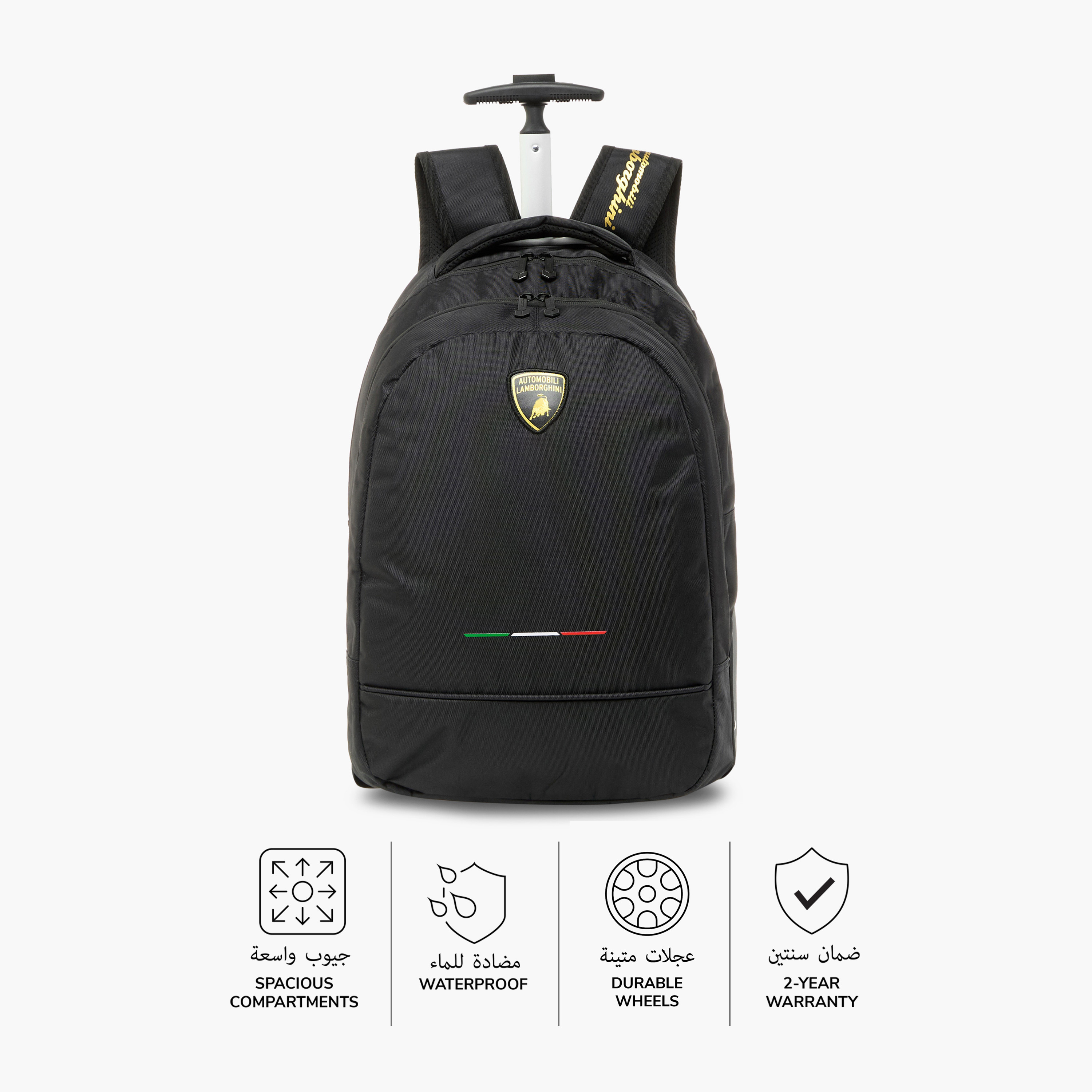 Lamborghini Logo Applique Trolley Backpack with Retractable Handle and Zip Closure - 18 inches-school-bagsandbackpacks-trolleybags-image-4