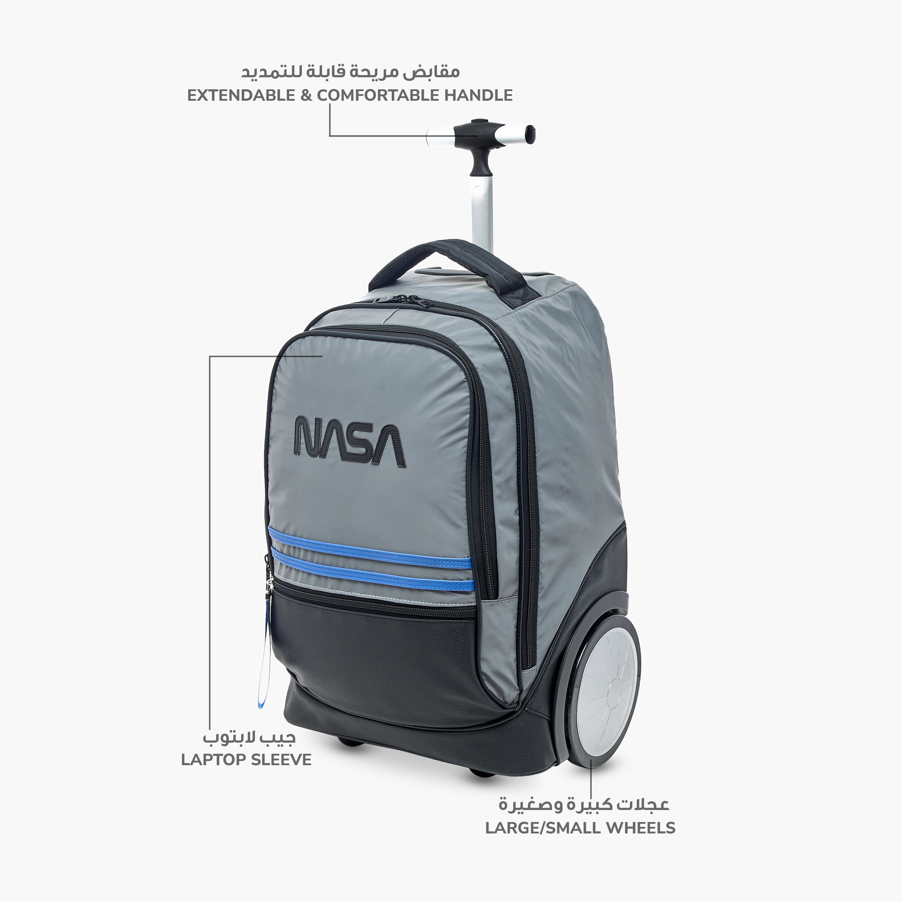 NASA Logo Print Big Wheel Trolley Backpack with Retractable Handle - 20 inches-school-bagsandbackpacks-trolleybags-image-6