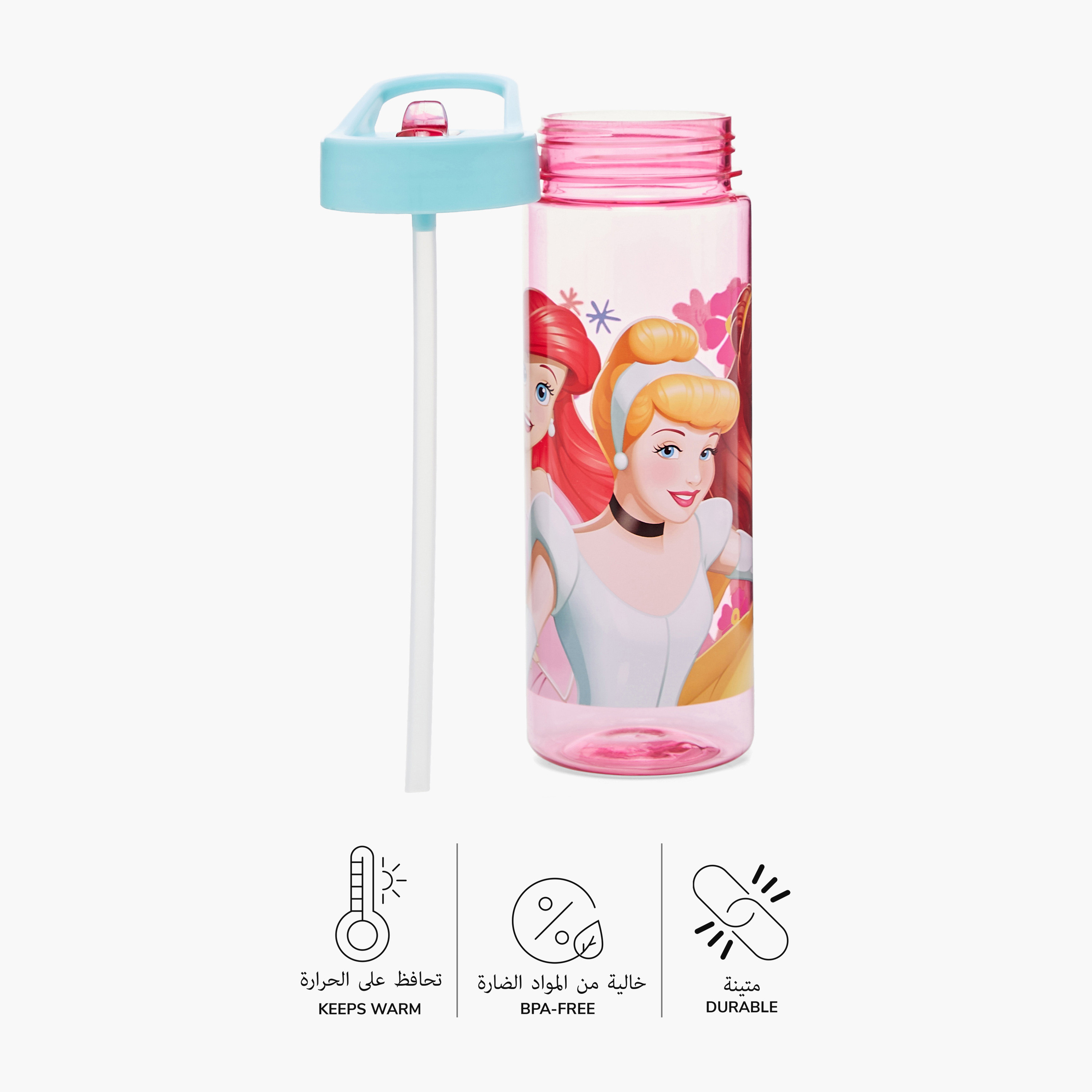 قارورة مياه بقشّة ومقبض وطبعات برنسيس من ديزني - 650 مل-school-waterbottles-image-2
