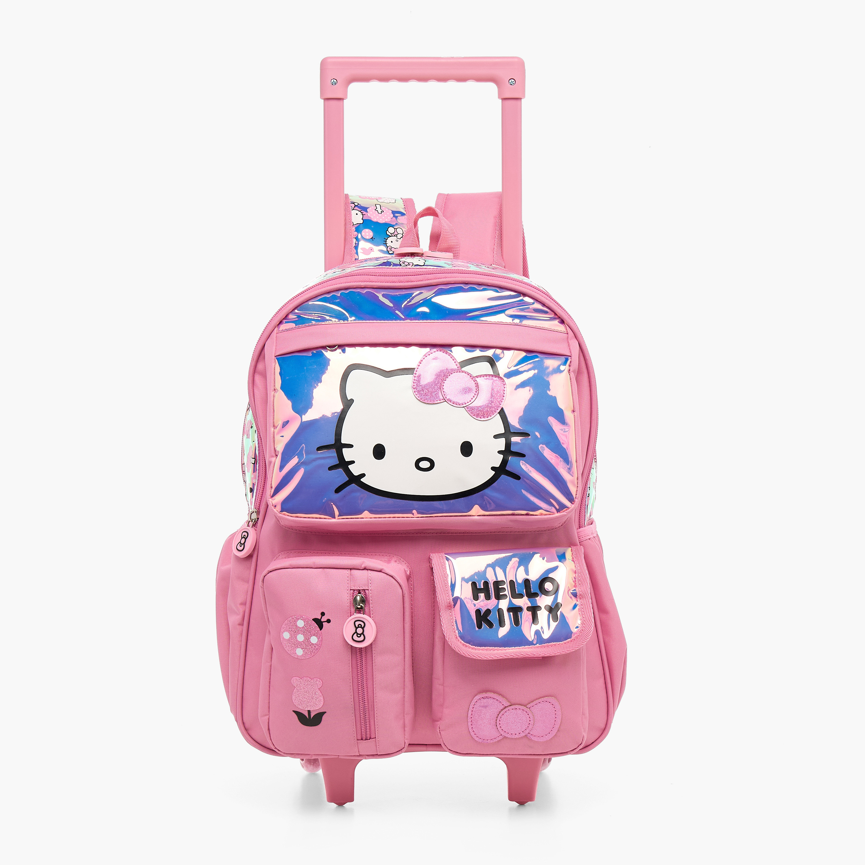 backpack with wheels for toddler hello kitty Iconic Large Wheeled closure pocket and one side meshed pocket Hello Kitty Girl's Flowers Black/Pink