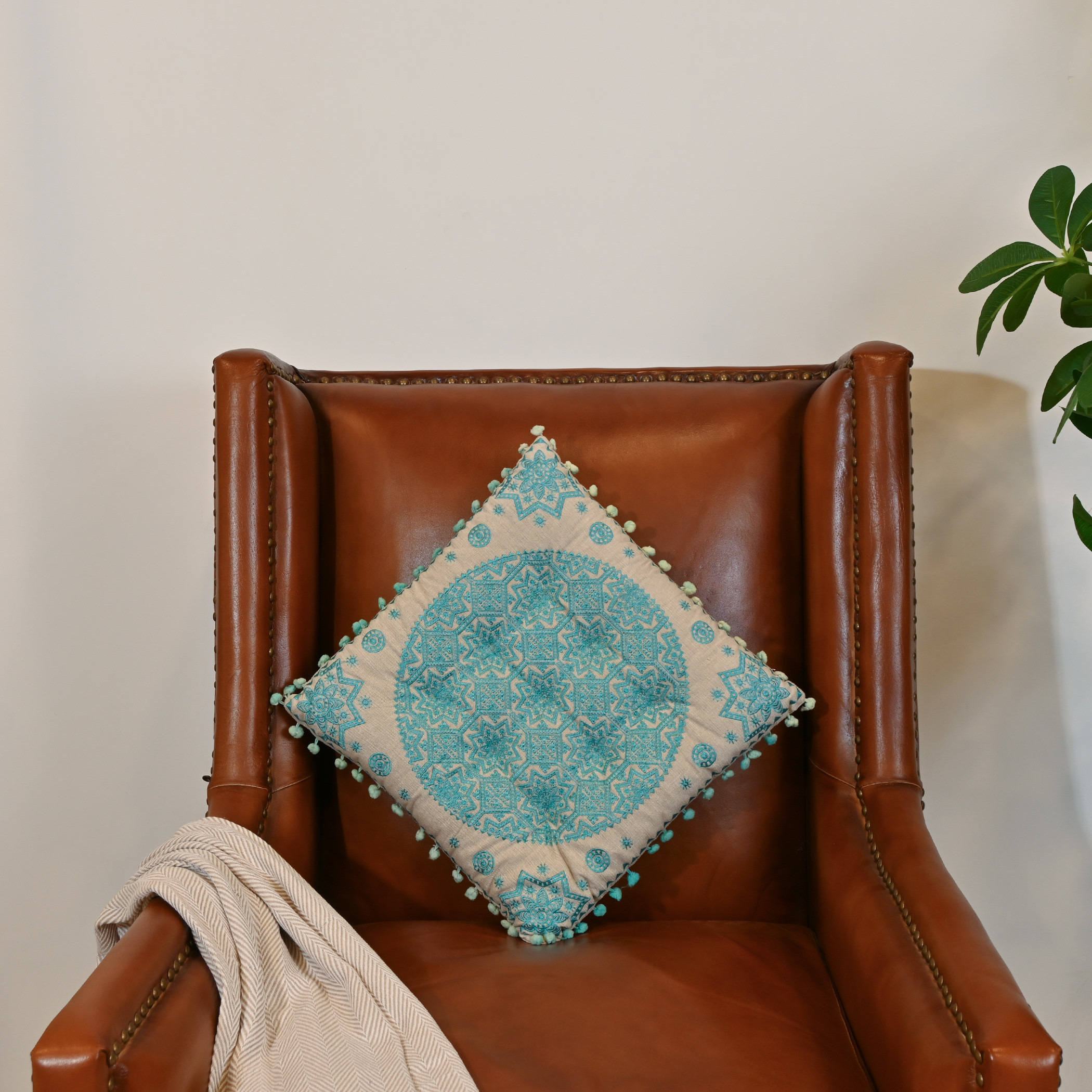 Home Carving Embroidered Cushion with Pom Poms - 40x40 cms-household-cushionsandthrows-filledcushions-decorativecushions-image-1