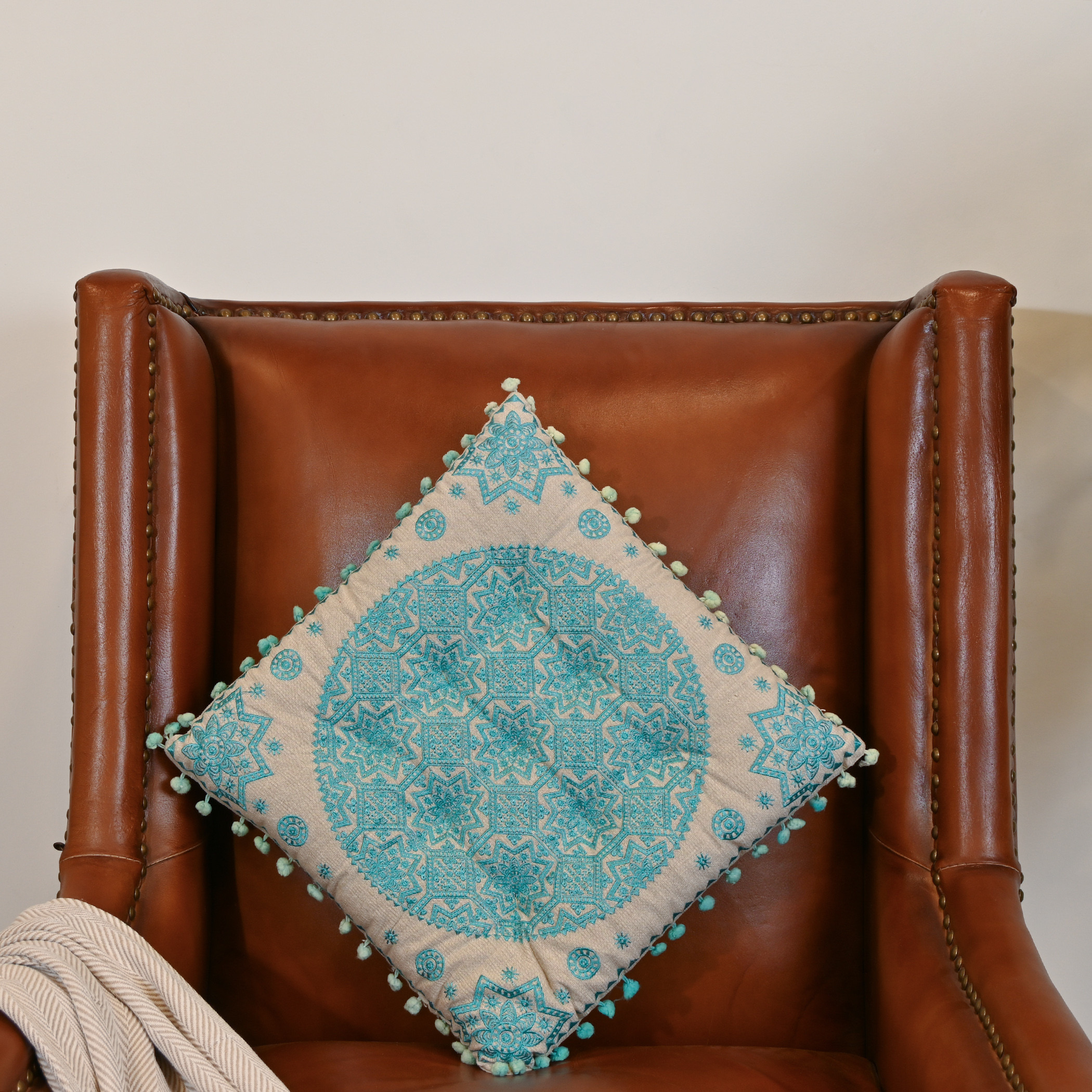 Home Carving Embroidered Cushion with Pom Poms - 40x40 cms-household-cushionsandthrows-filledcushions-decorativecushions-image-2
