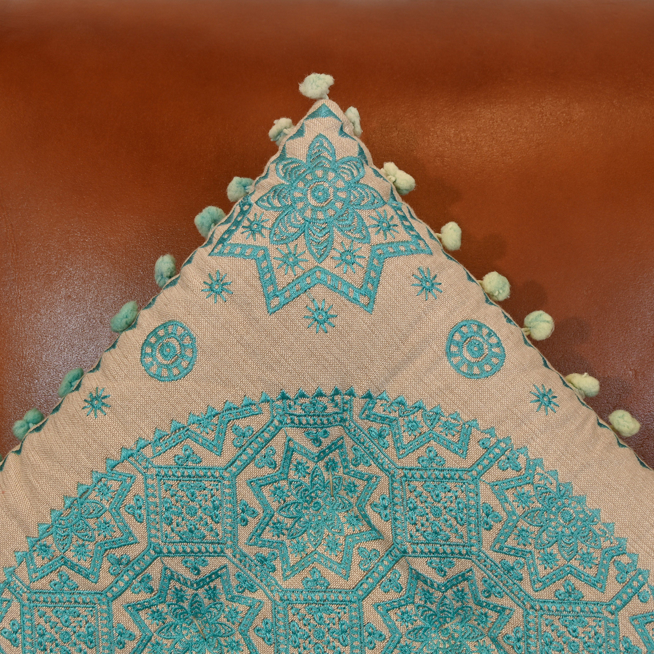 Home Carving Embroidered Cushion with Pom Poms - 40x40 cms-household-cushionsandthrows-filledcushions-decorativecushions-image-3