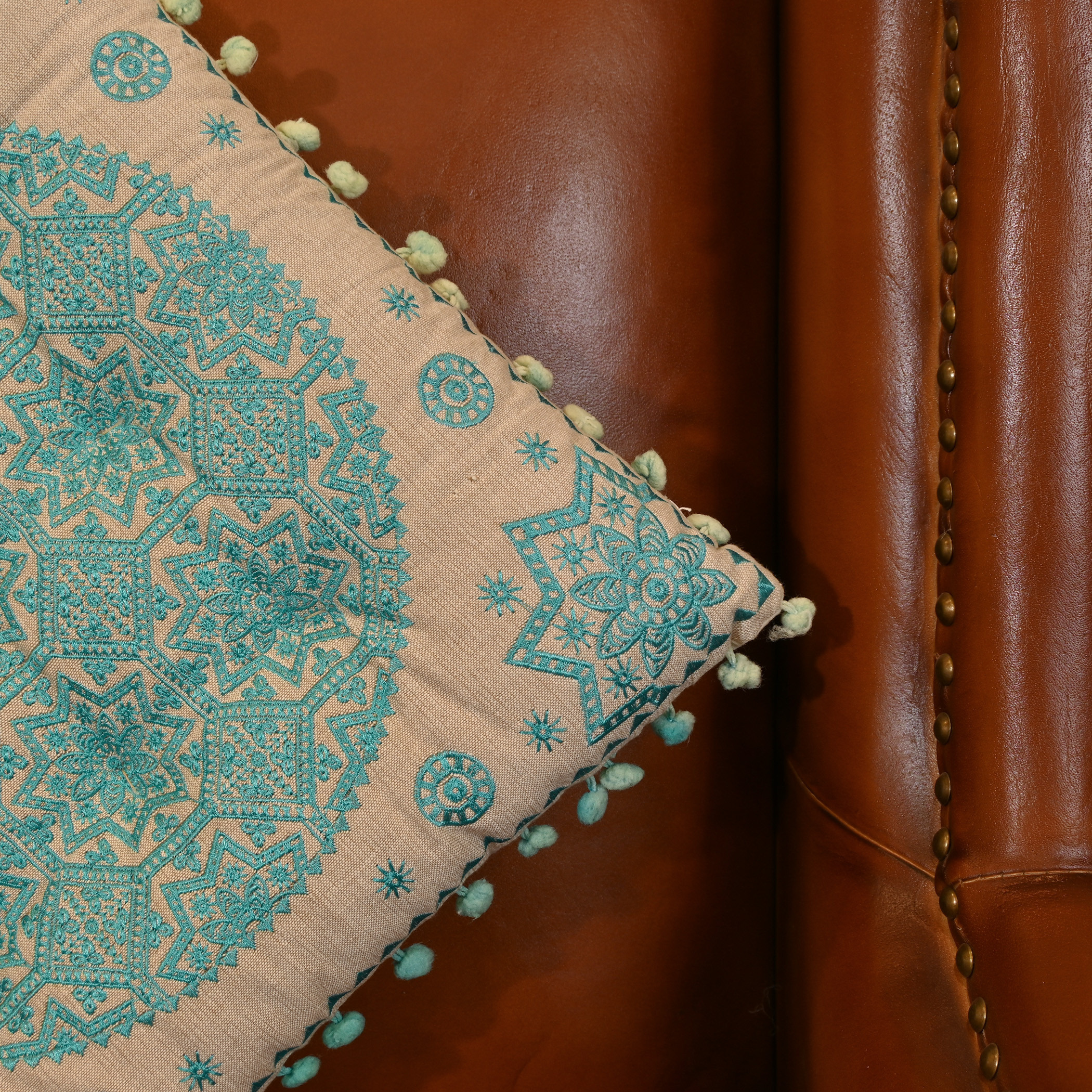 Home Carving Embroidered Cushion with Pom Poms - 40x40 cms-household-cushionsandthrows-filledcushions-decorativecushions-image-4