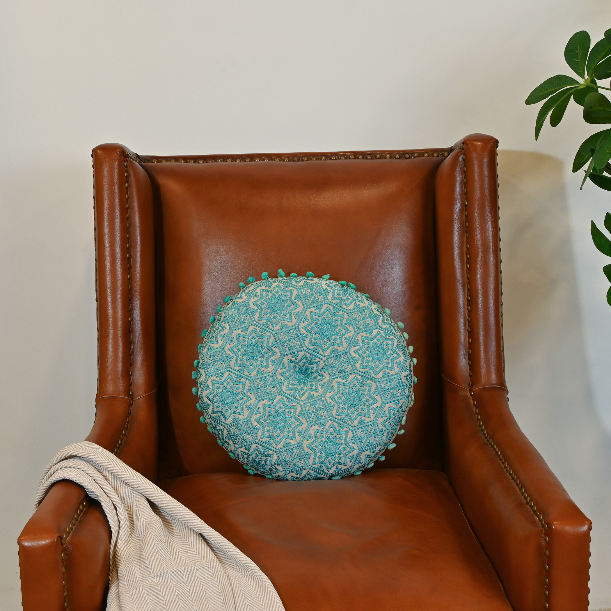 Home Carving Embroidered Round Filled Cushion with Pom Poms - 40x40 cms-household-cushionsandthrows-filledcushions-decorativecushions-image-1