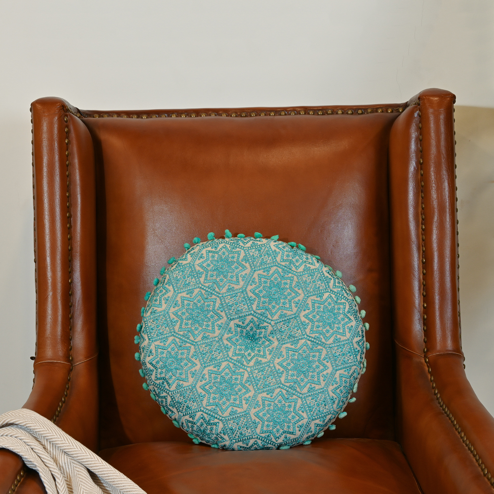 Home Carving Embroidered Round Filled Cushion with Pom Poms - 40x40 cms-household-cushionsandthrows-filledcushions-decorativecushions-image-2